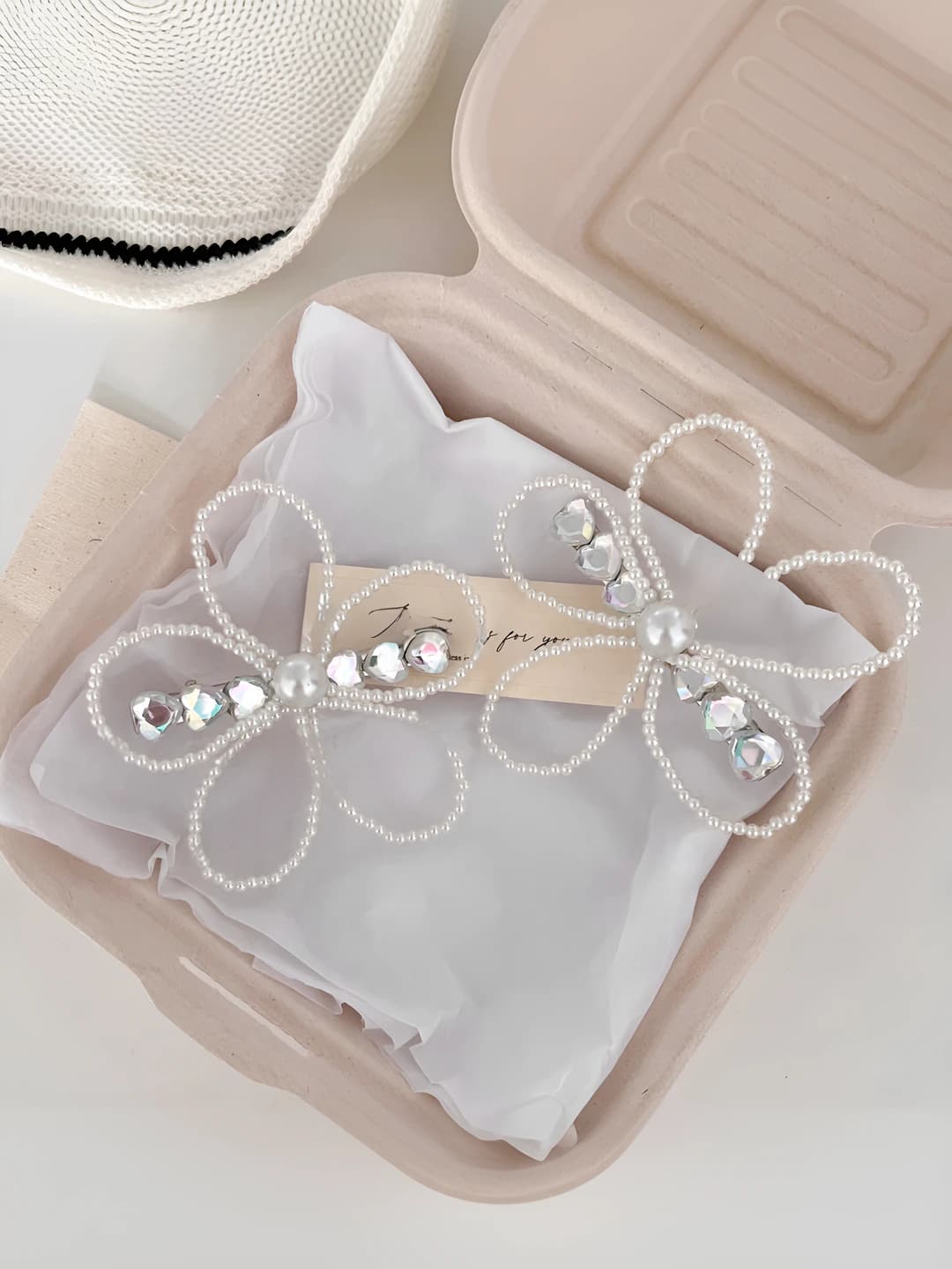 Women's hair clips and combs: pearl and rhinestone flower side clips with light sparkle