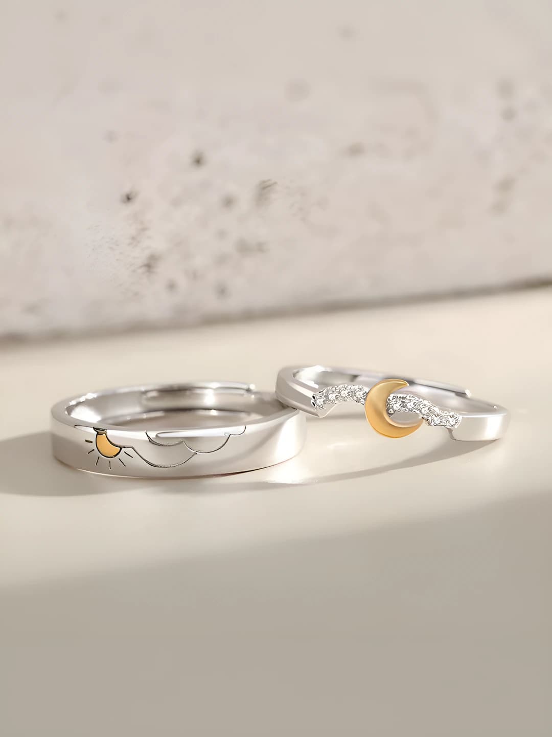 Couple's sun and moon ring pair, gold plated, adjustable size, with diamonds