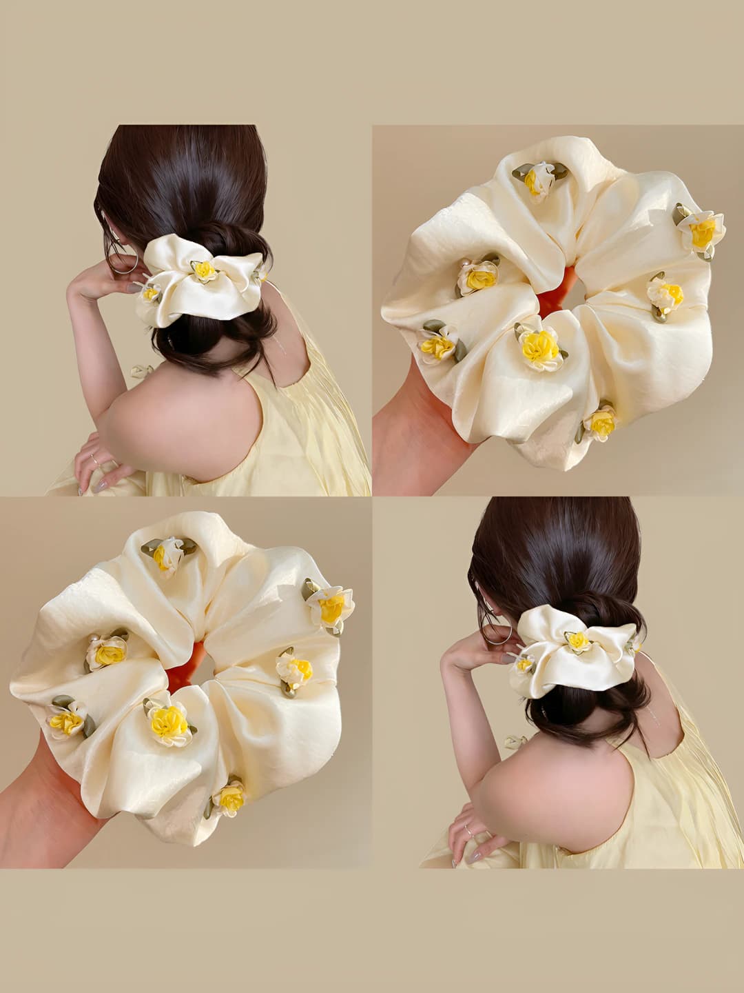 Women's satin flower scrunchie hair tie, large size, Chanel style for bun fixing