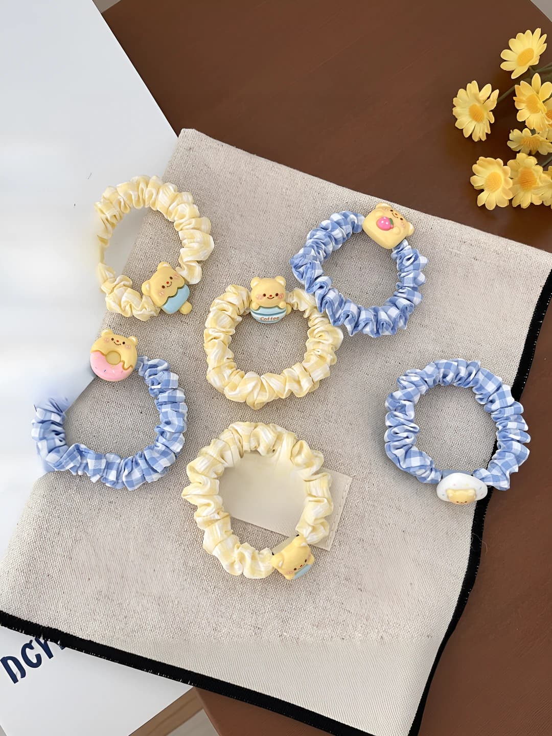 Women's hair ties: checked, yellow and blue, cute bear design, sweet style for buns