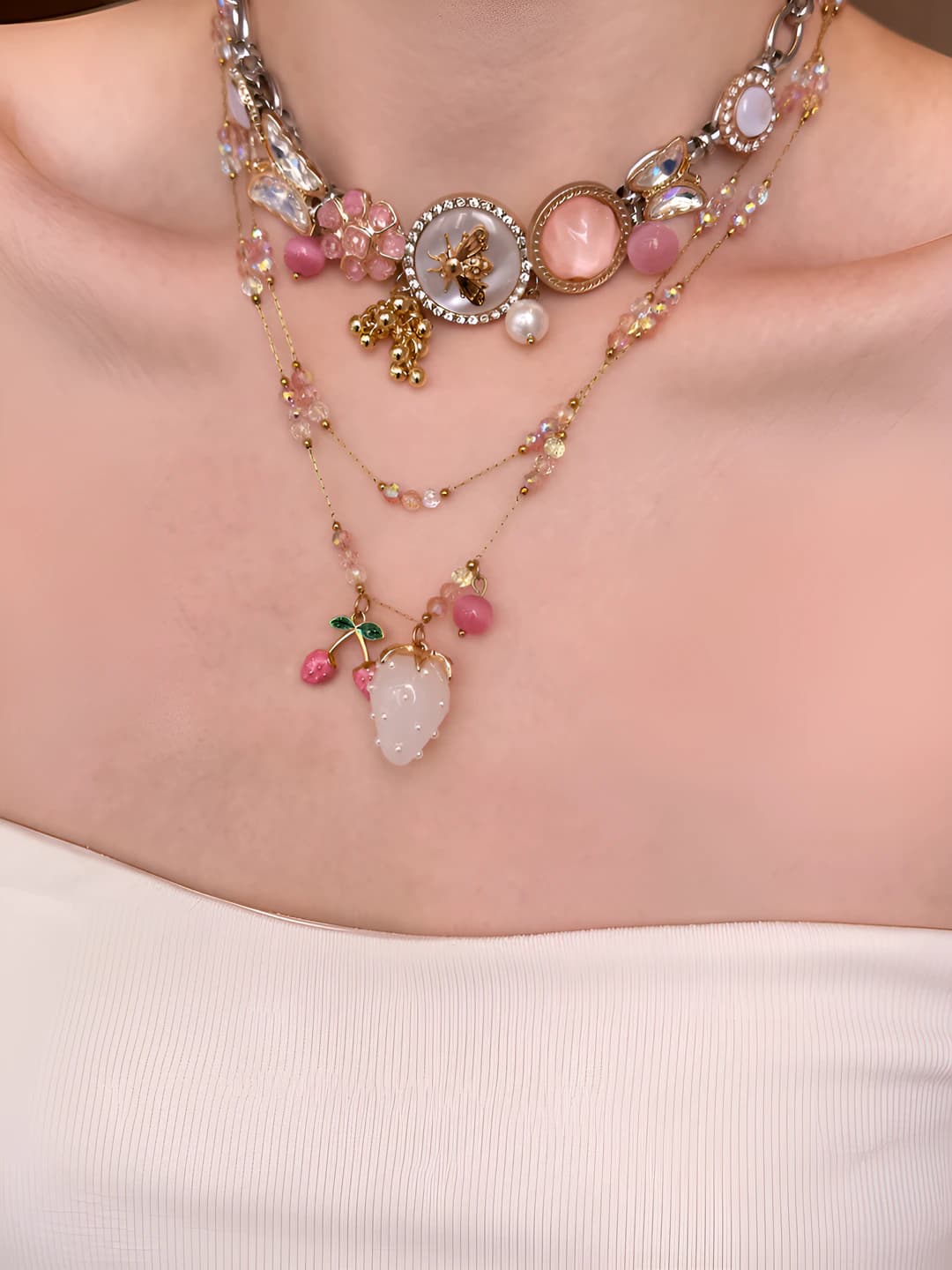 Women's collar necklace with rhinestones, flower and butterfly design, 31-40 cm length, 44.6 g weight, for daily and office wear, light luxury style
