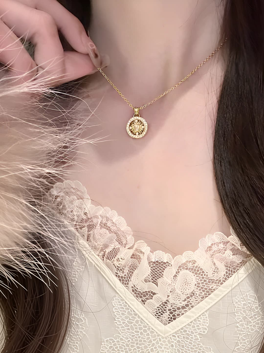 Women's retro ethnic style full diamond eight treasures compass pendant necklace on a clavicle chain