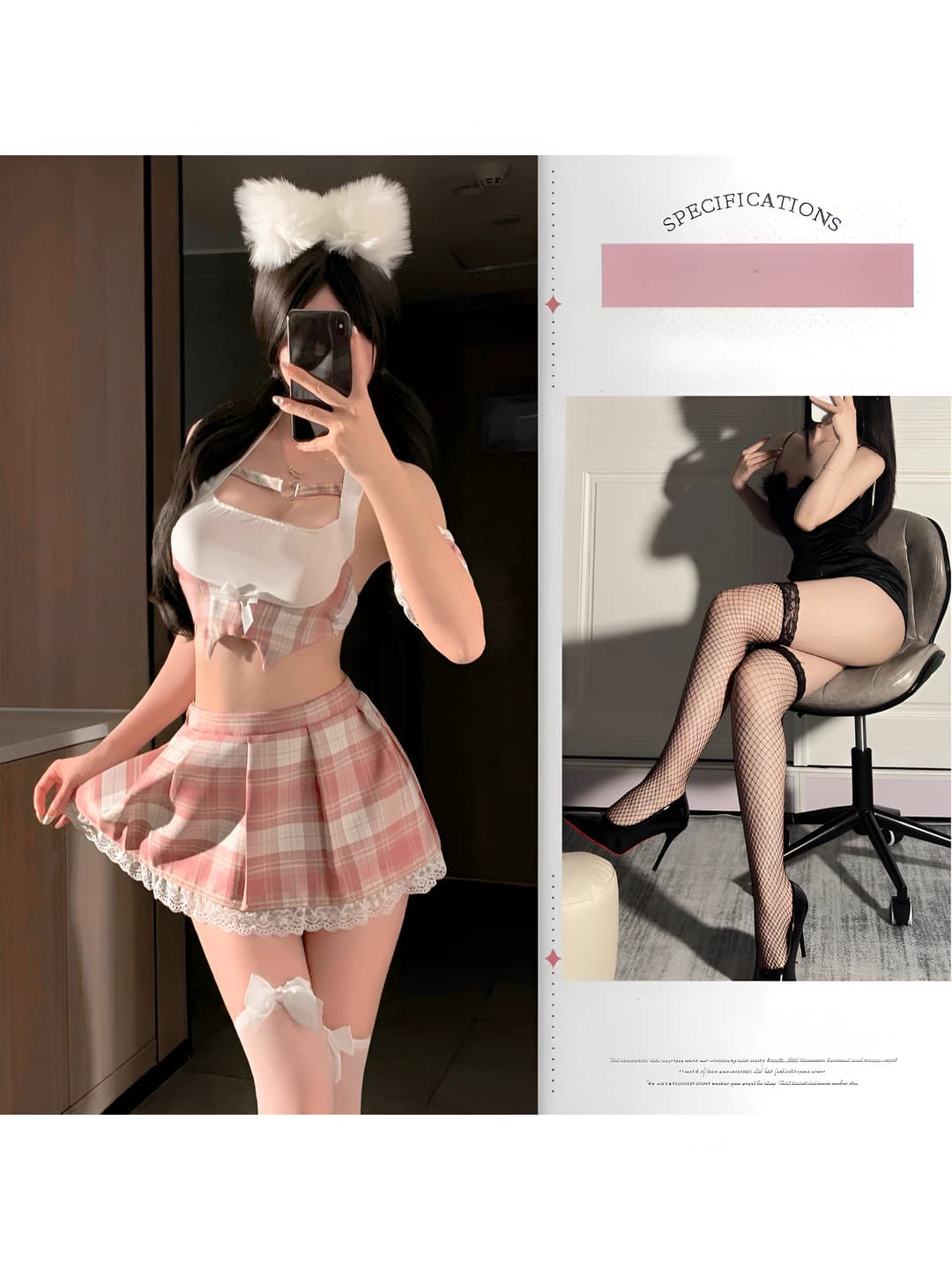 Pink-white + black fishnet stockings