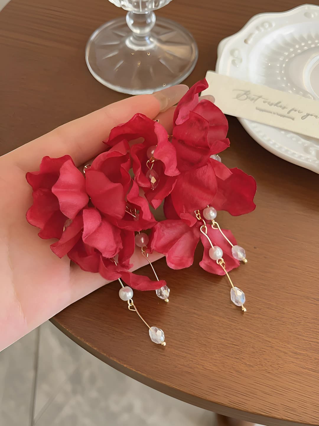 Rose red floral tassel earrings, 9.5 cm