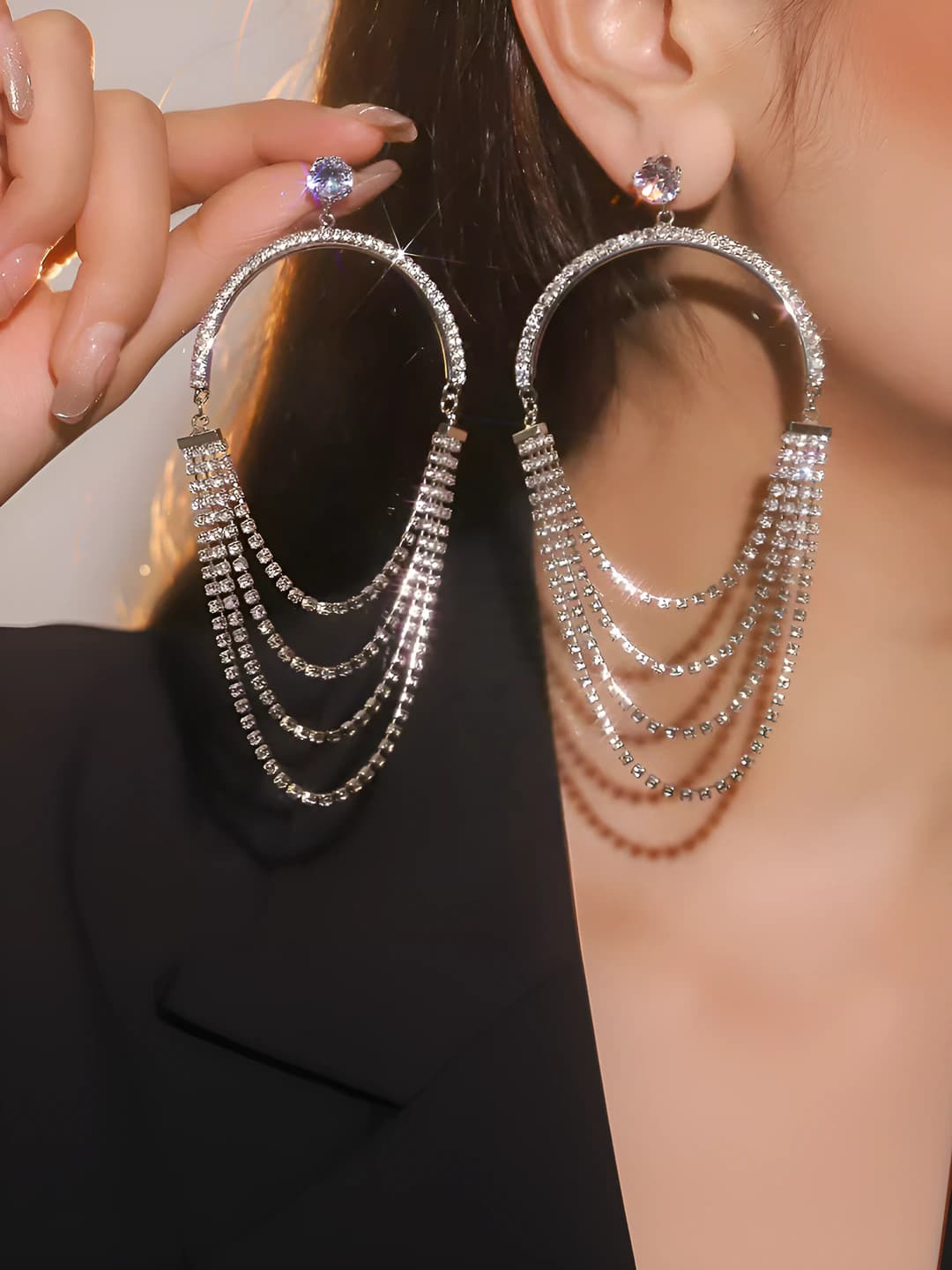 Women's retro style statement hoop earrings: copper, electroplating, tassel, rhinestone chain and double ring design element