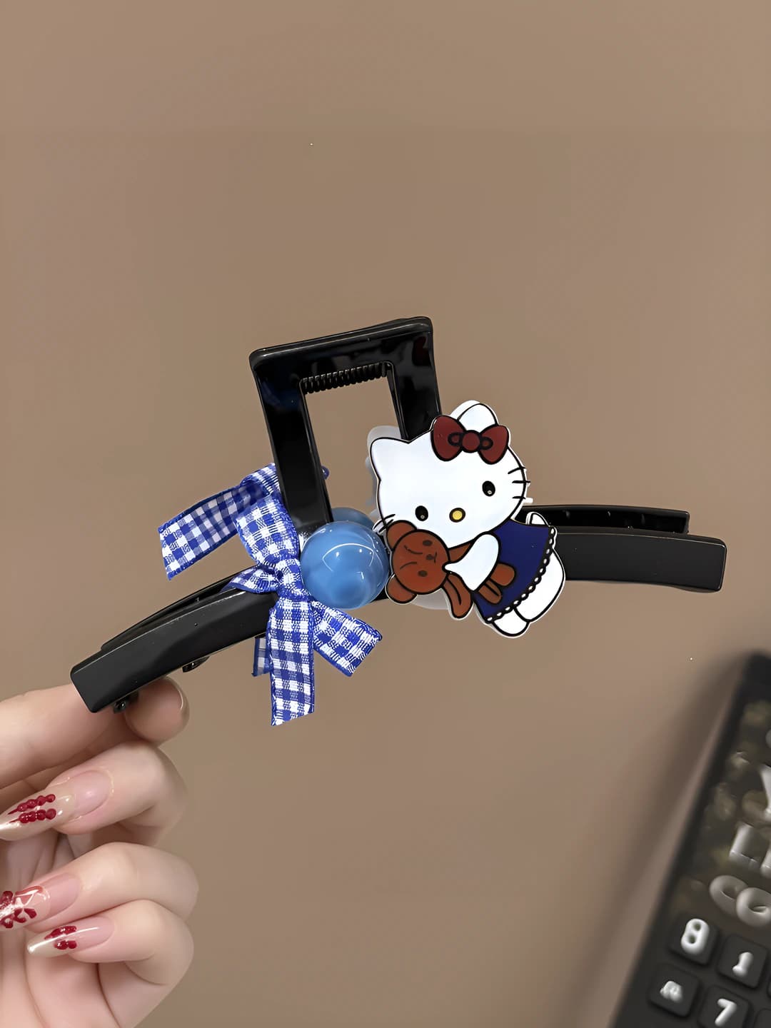 Cat blue plaid butterfly black PC clip-13 cm