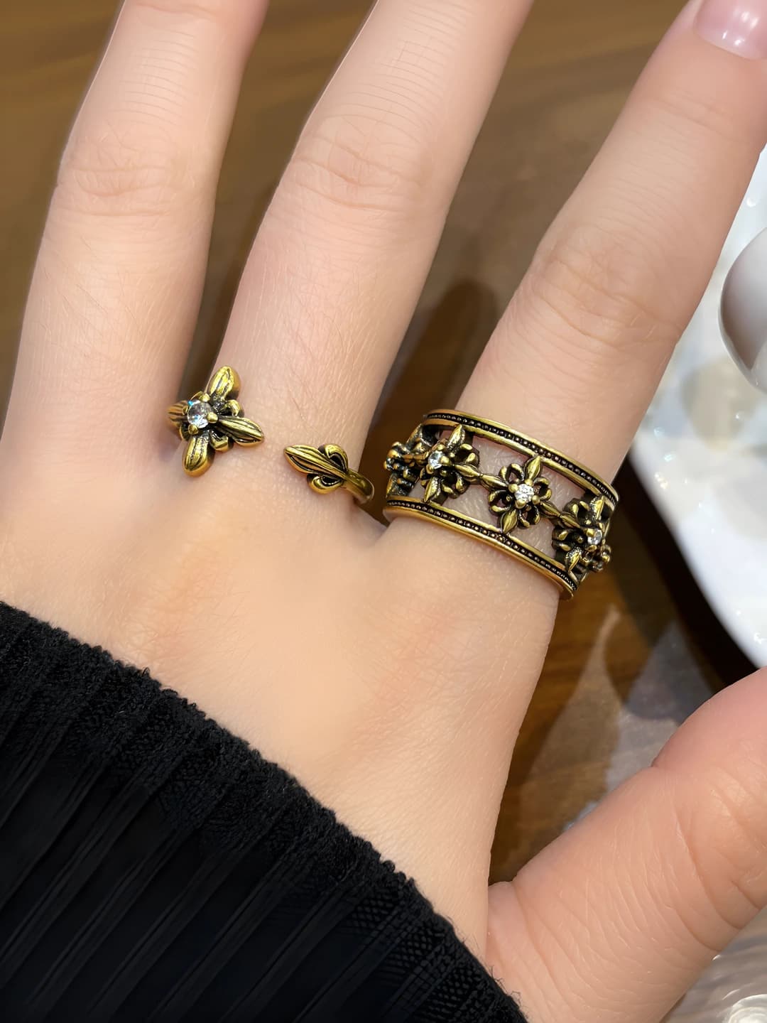 Women's silver retro two-layer cross open adjustable ring