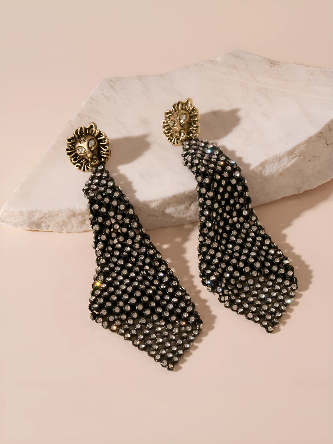 Silver post - Lion head diamond sequin earrings