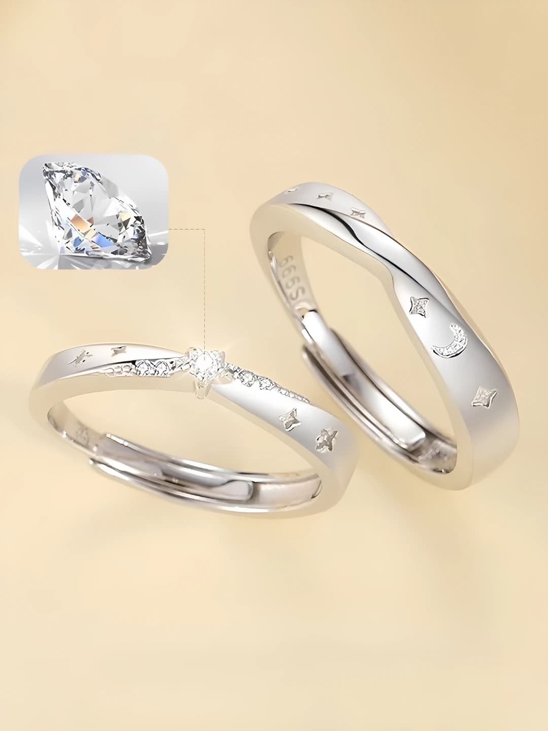 Women's matching couple rings: adjustable, copper and zircon, star shape, modern minimalist style