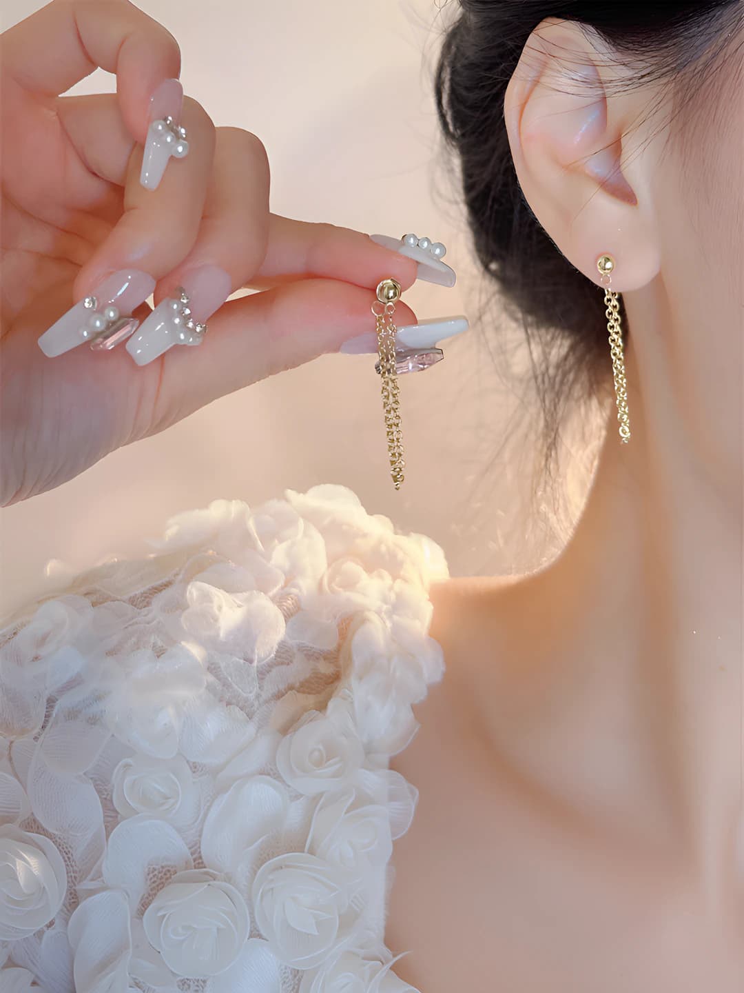 Women's silver post chain tassel earrings, Korean style, minimalist, everyday wear