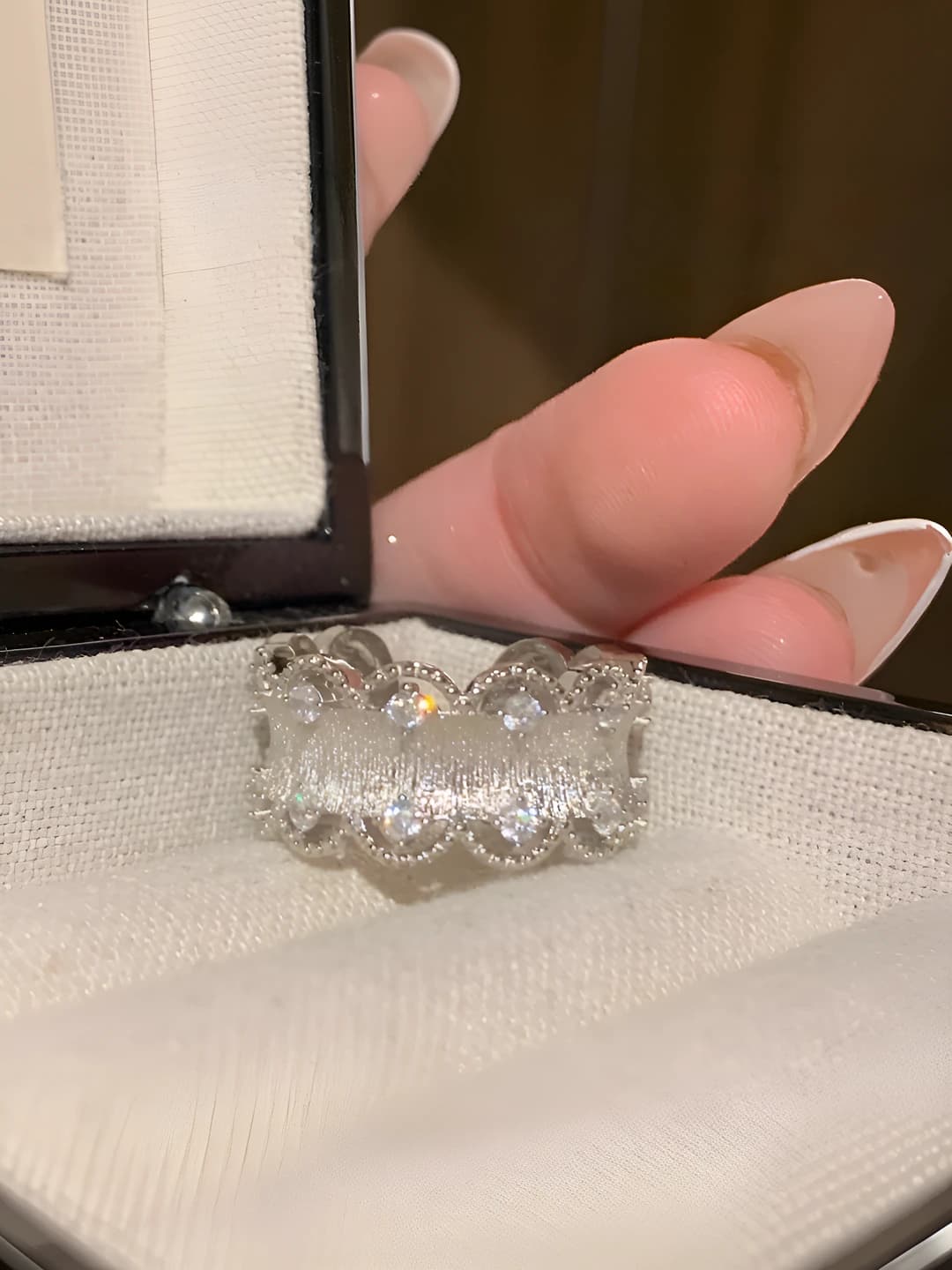 Silver lace diamond ring