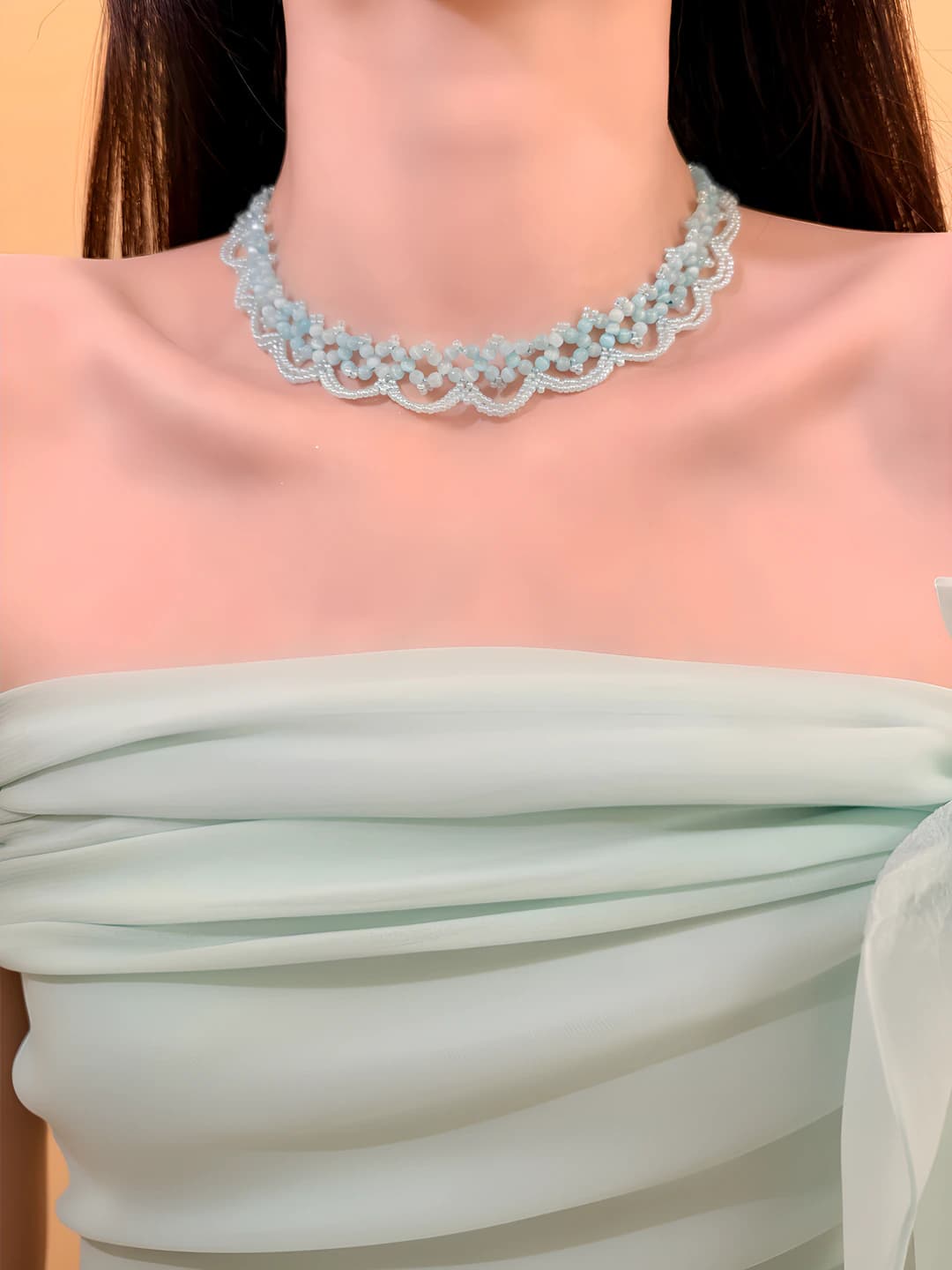 Women's blue lace choker: retro style, hand-beaded, geometric shape, 41-50 cm
