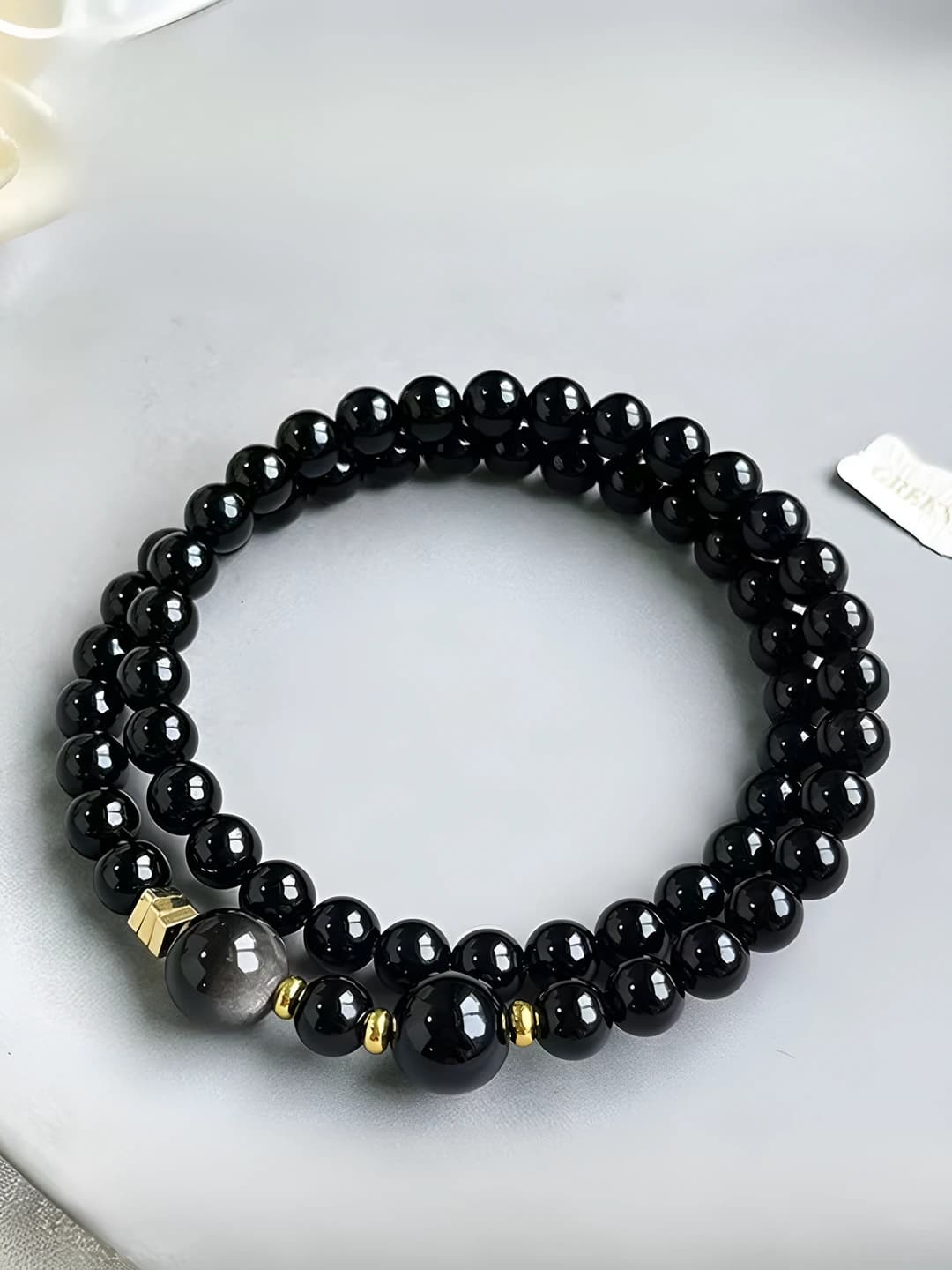 Black obsidian beaded men's and women's modern style double bracelet