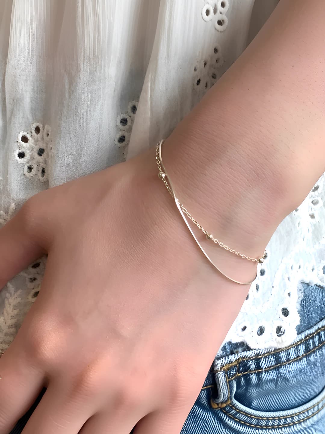 Women's double-layer chain bracelet, simple style, geometric design element, thin chain