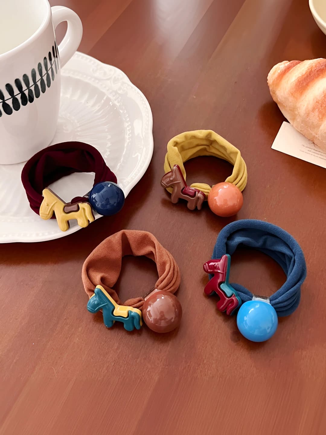 Women's stretch hair ties with small horse, contrasting colors, wide, high elasticity, for new year