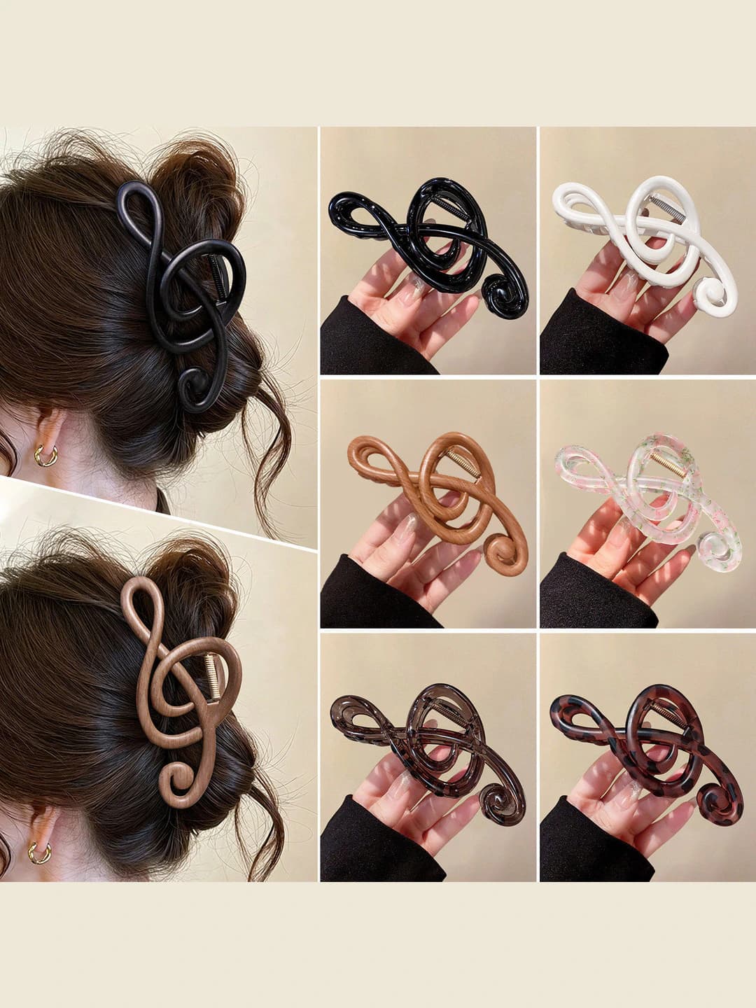 Women's 13 cm French floral and musical note hair clip (claw clip)