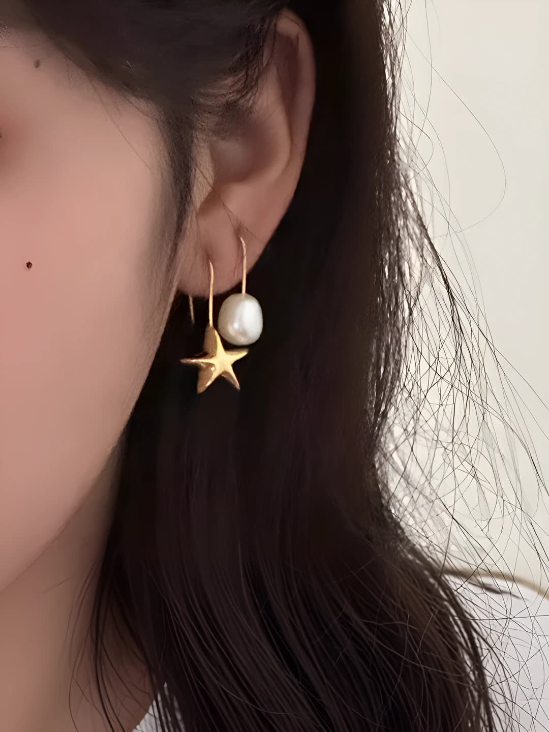 Women's asymmetric star and pearl drop earrings, 925 silver, Korean style