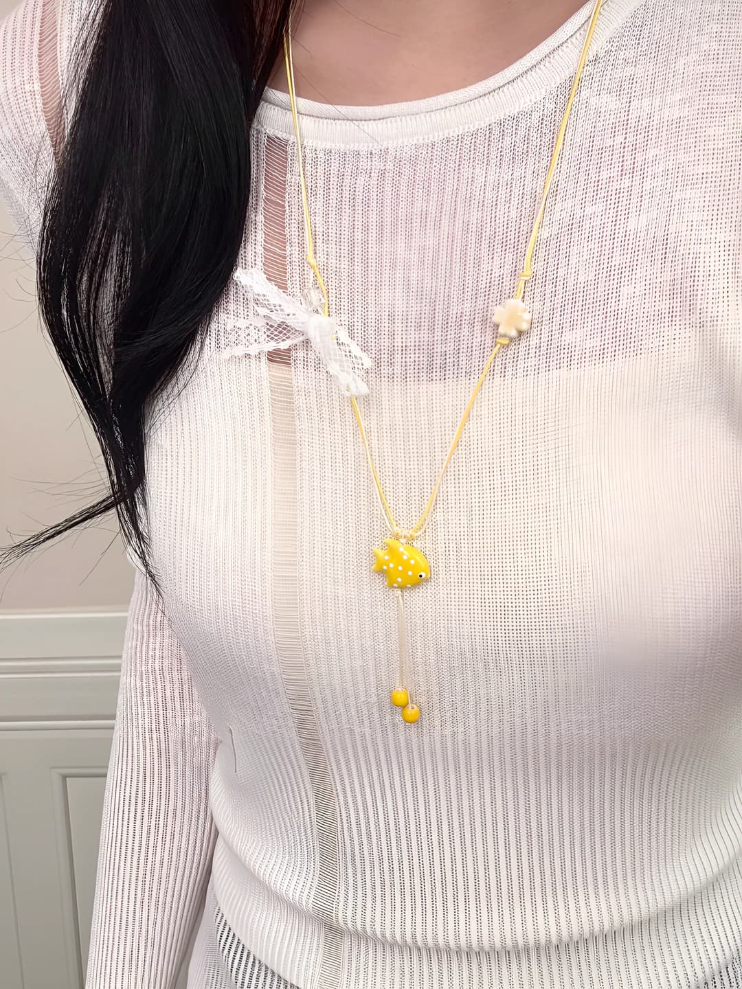 Women's long ceramic fish pendant necklace with lace, retro style