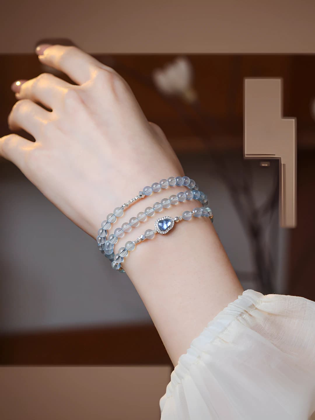 Women's multi-layered bracelet with natural blue chalcedony and aquamarine, gourd design element with black silver, premium style