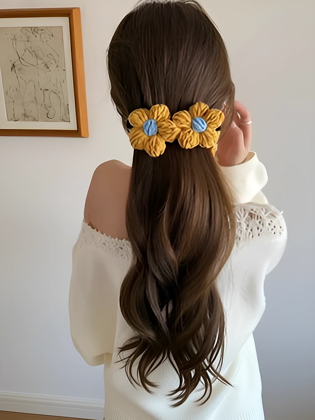 2# Жёлтый с опавшими листьями и цветами банановый зажим - дно ~13cm цветы ~6.5*6.5cm