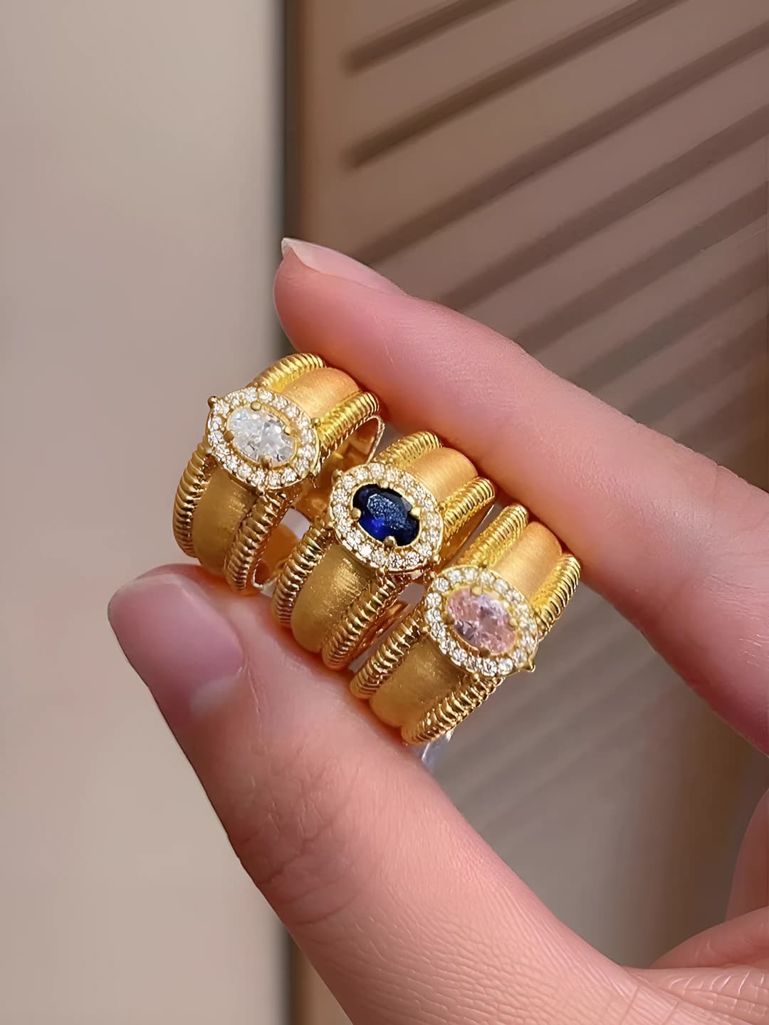 Women's retro style wide adjustable open ring with geometric shape and zircon stones