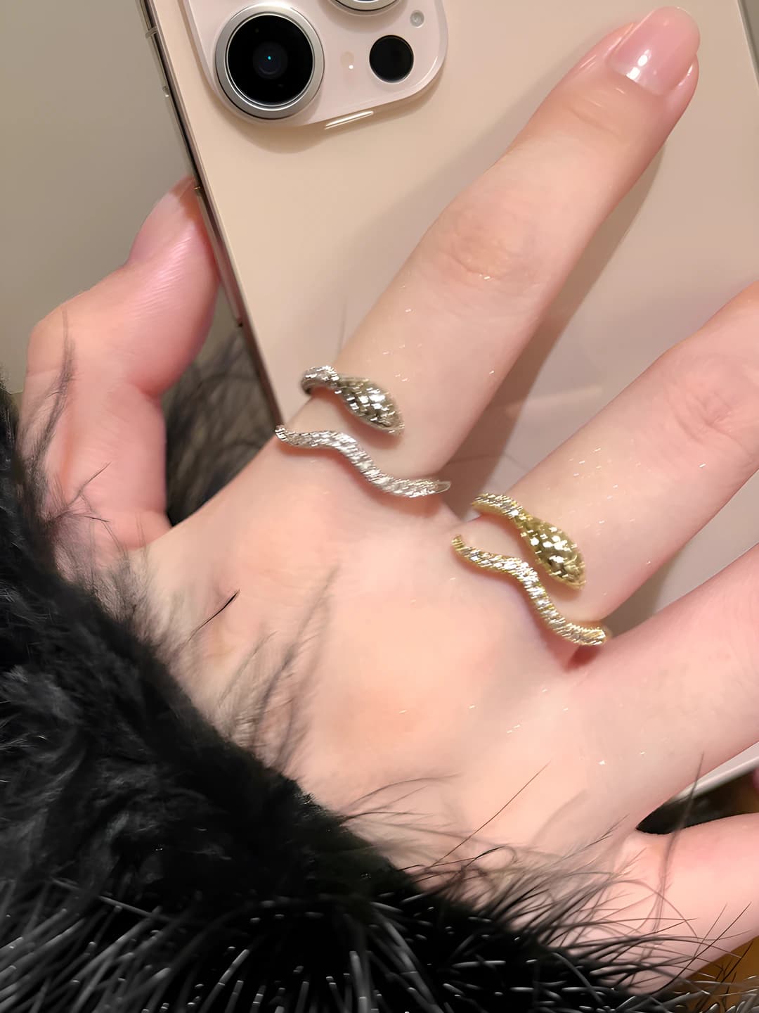 Women's open ring with zircon in snake shape, retro style, copper