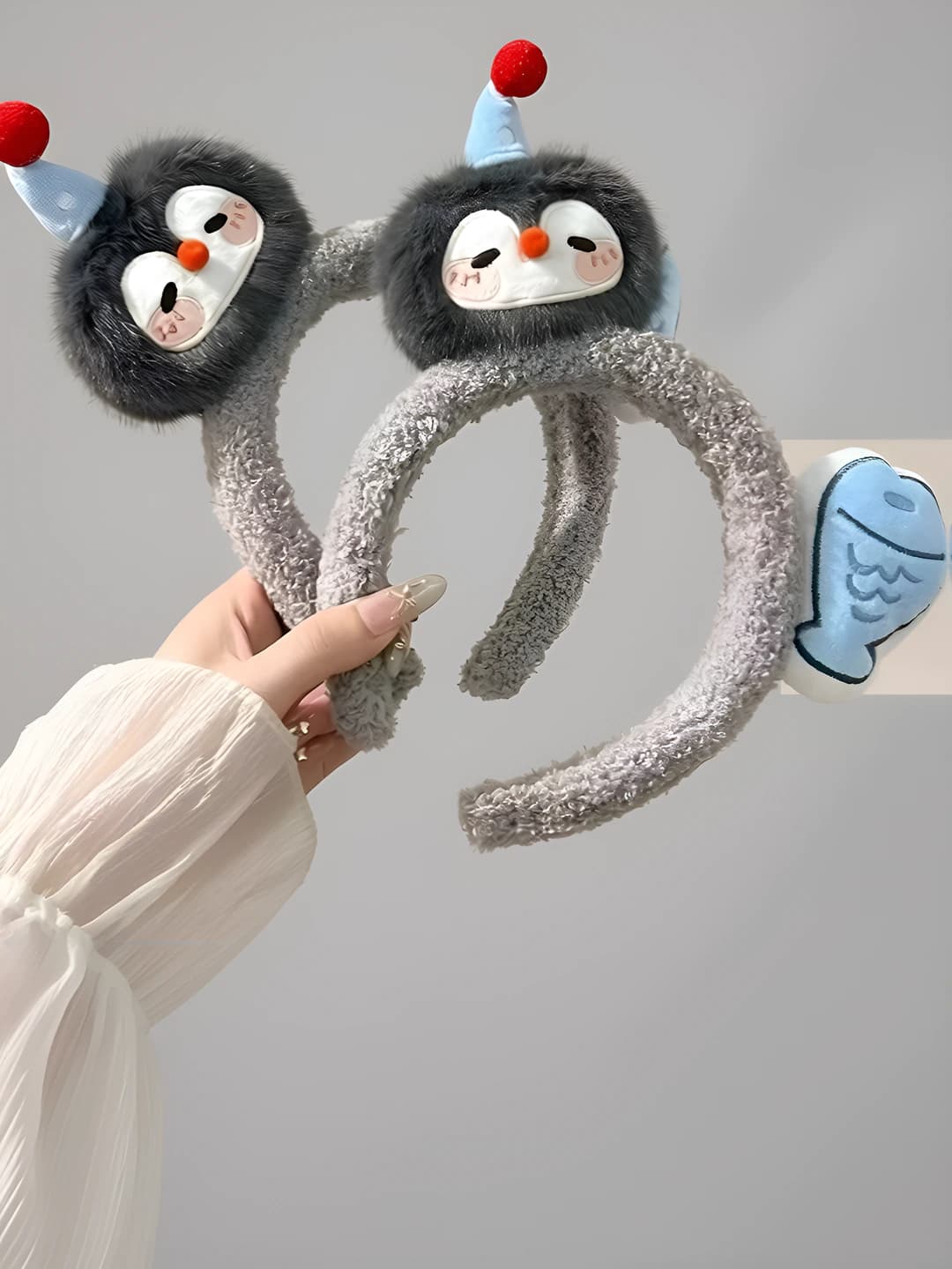 Women's plush penguin headband: wide band for face washing and mask application