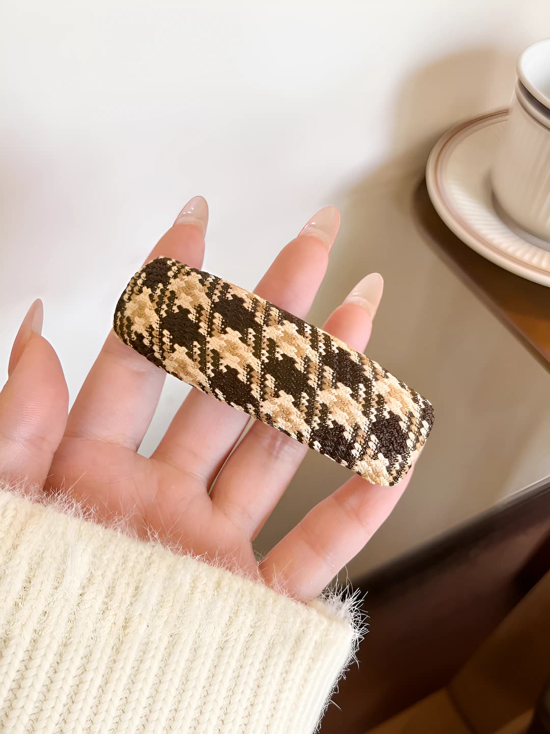 1# Coffee plaid hair clip 8 cm