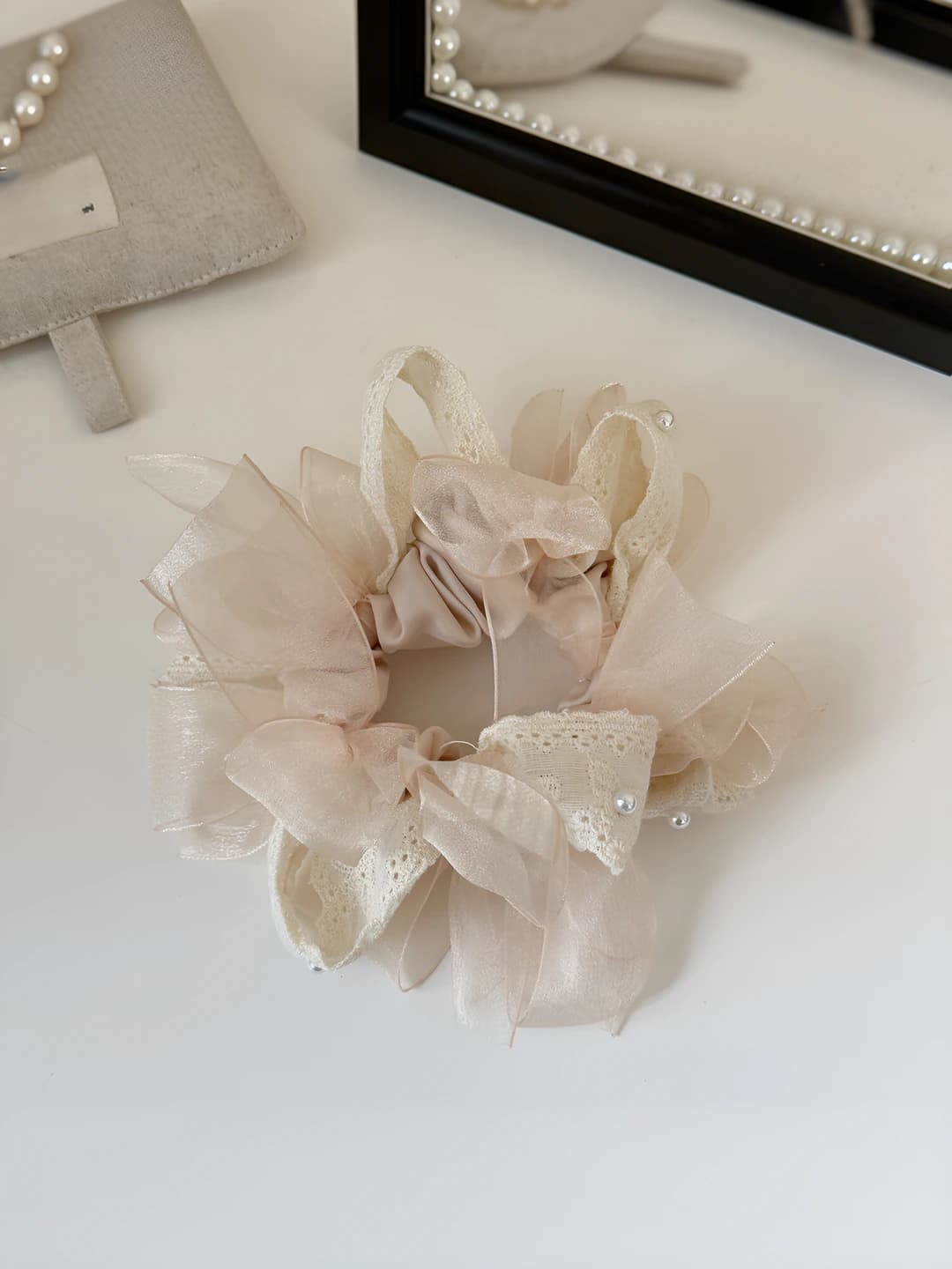 Nude pink lace bow hair tie