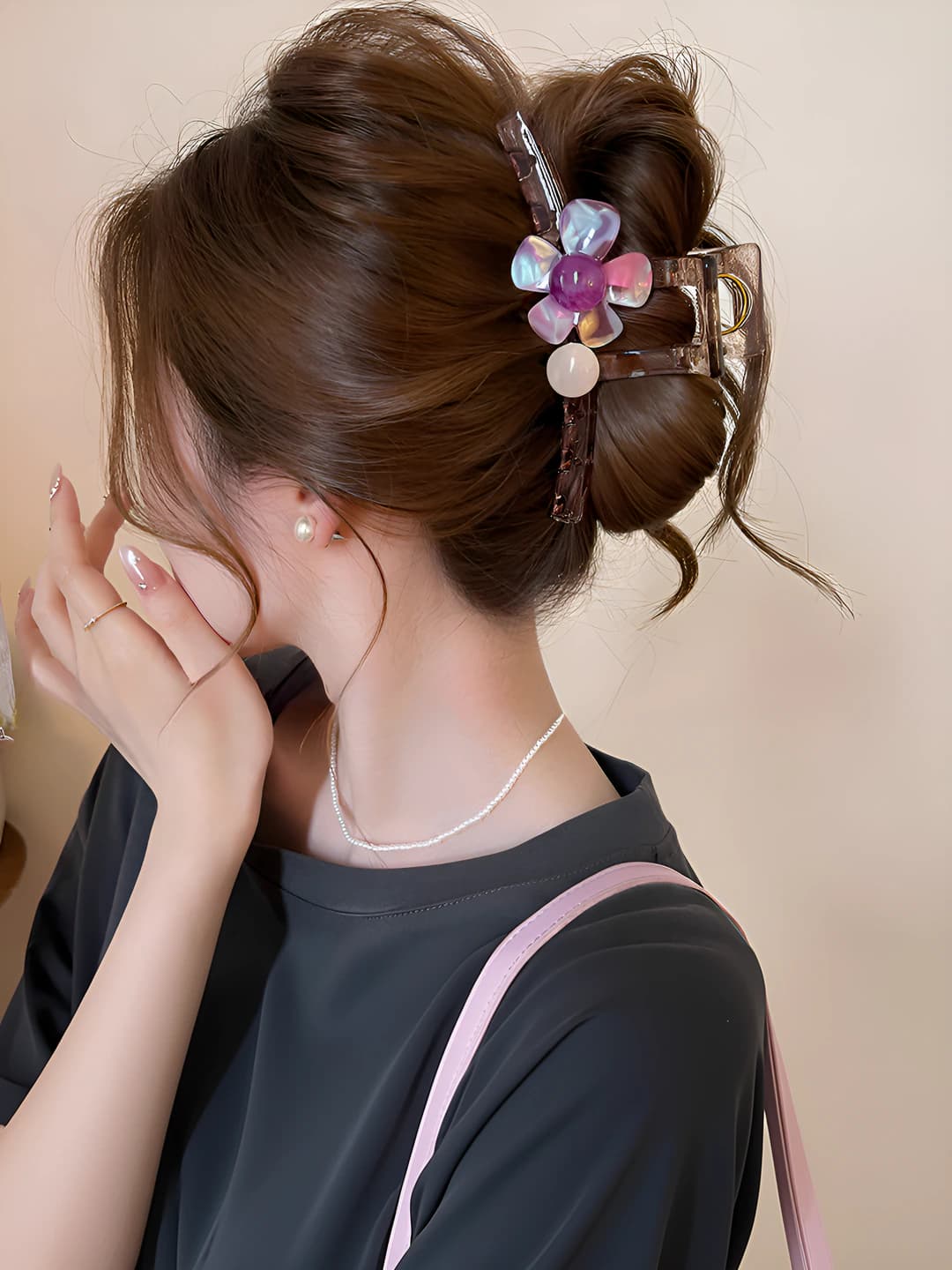 【Iridescent purple】Floral pearl clip - 13 cm