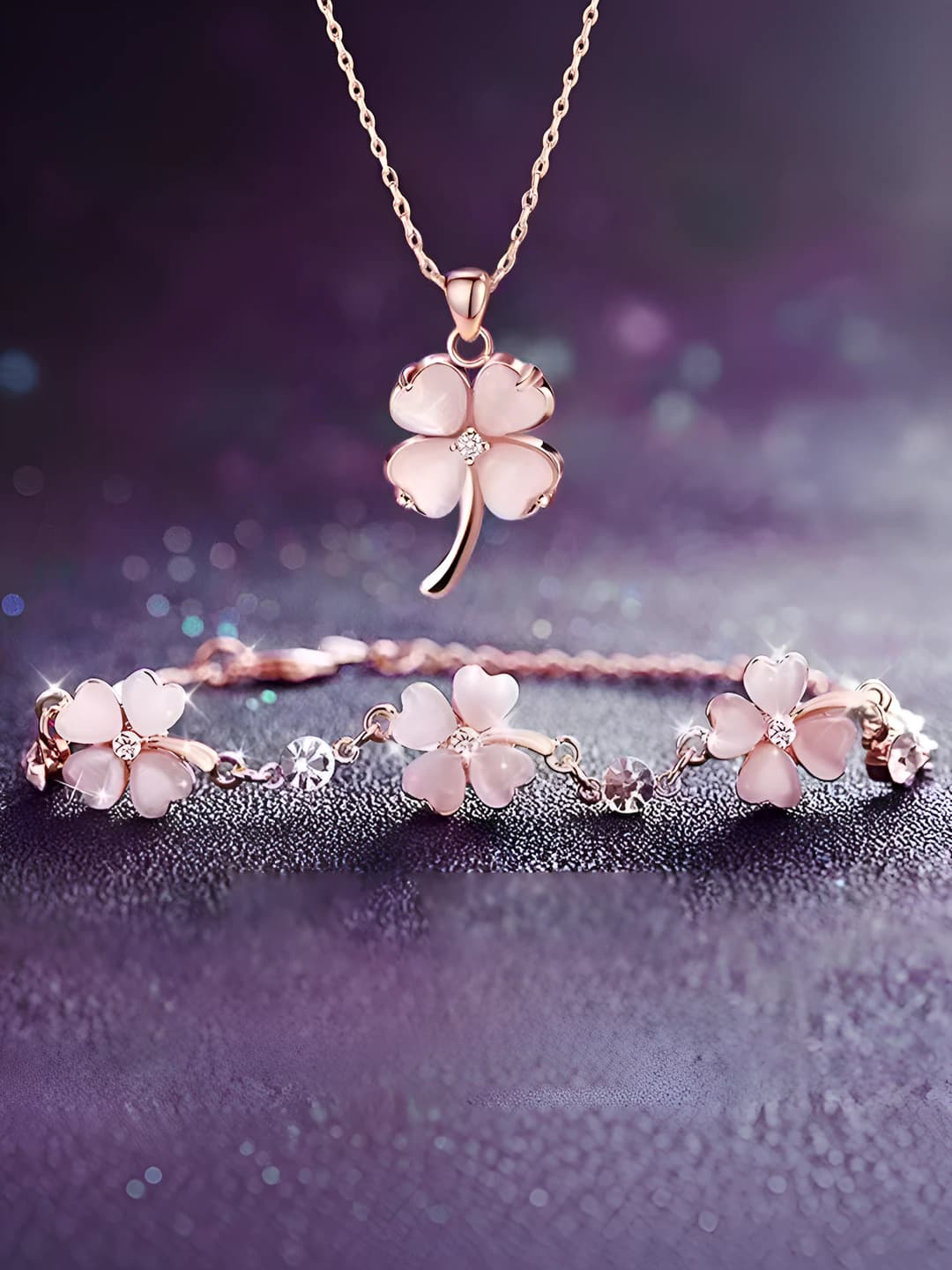 Women's set: flower bracelet and pendant, pink rhinestones, alloy, fashion OL style