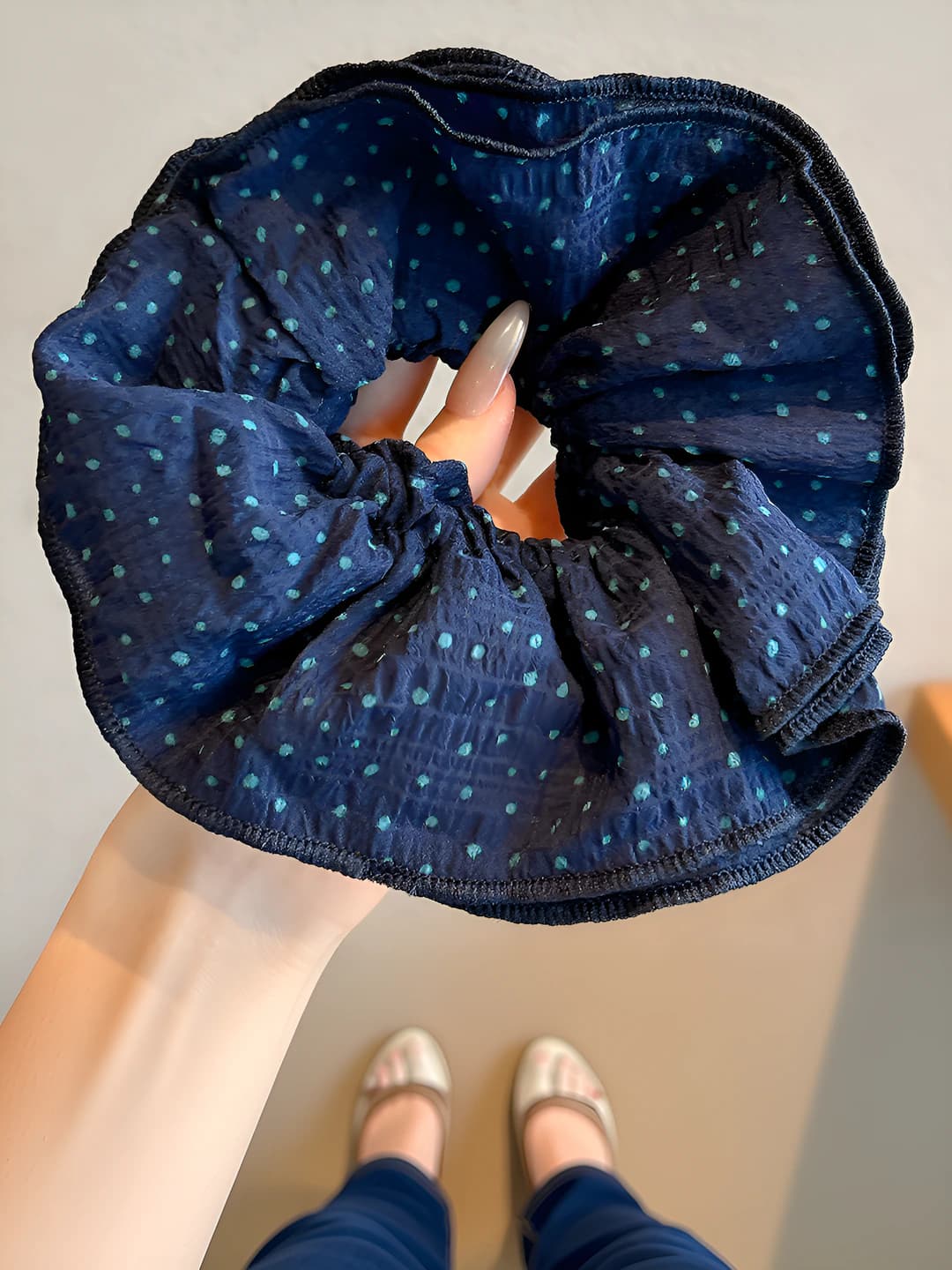 1# Dark blue polka dot hair tie 18 cm