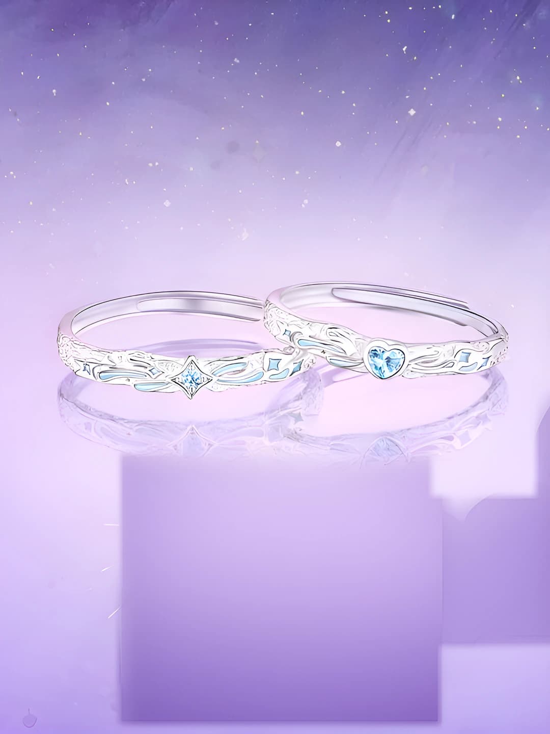 Women's couple matching rings: star and heart shape, glow-in-the-dark enamel, copper and zircon, design element: star and meteor shower