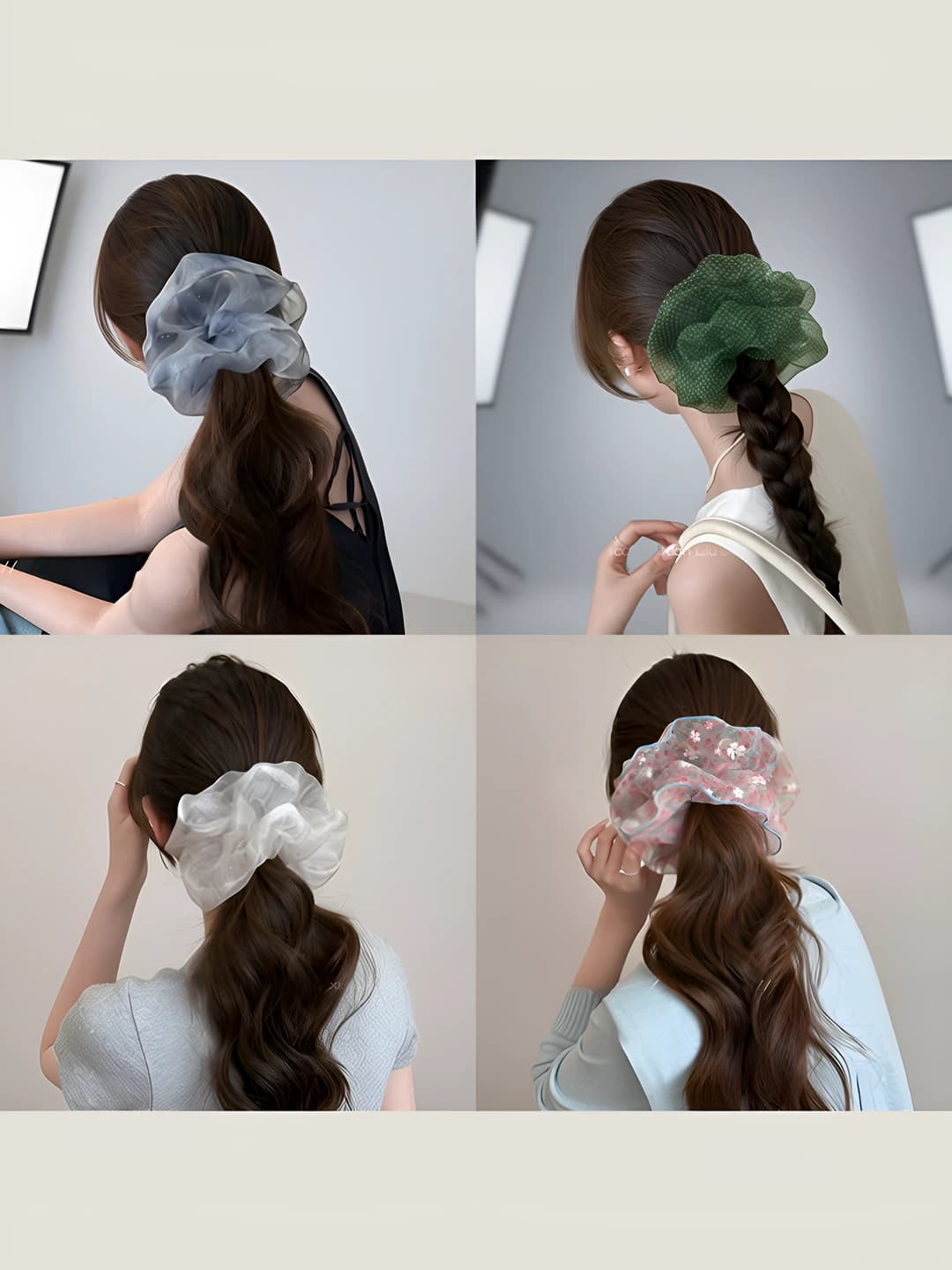 Women's Korean style loose organza mesh scrunchie, handmade, star pattern hair tie