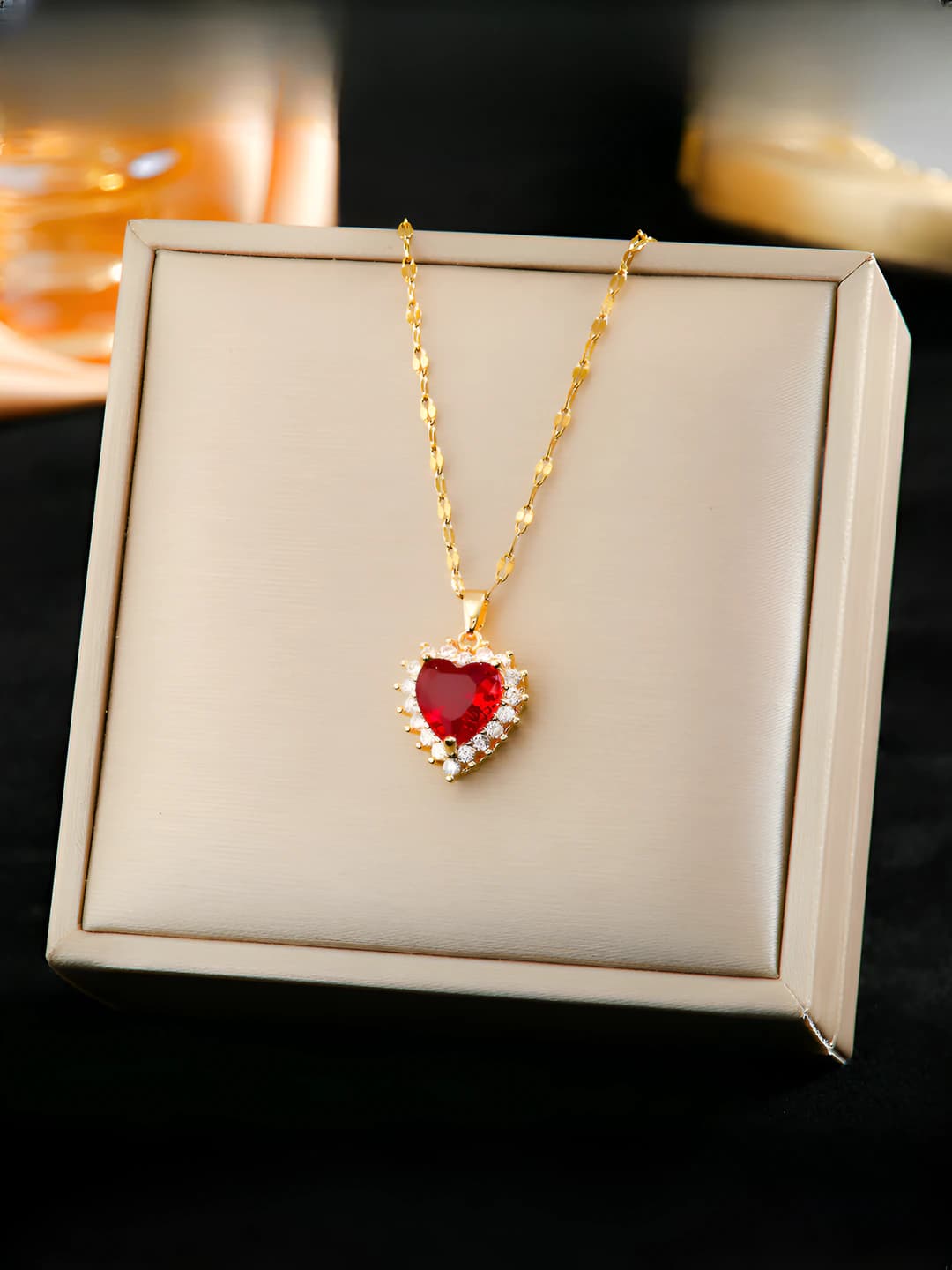410 Heart Zircon Necklace - Gold-Red
