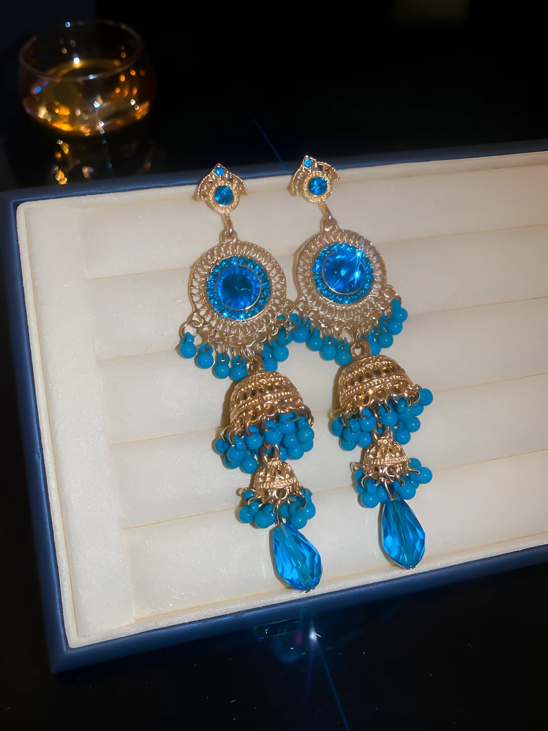 Steel post - Blue round drop earrings