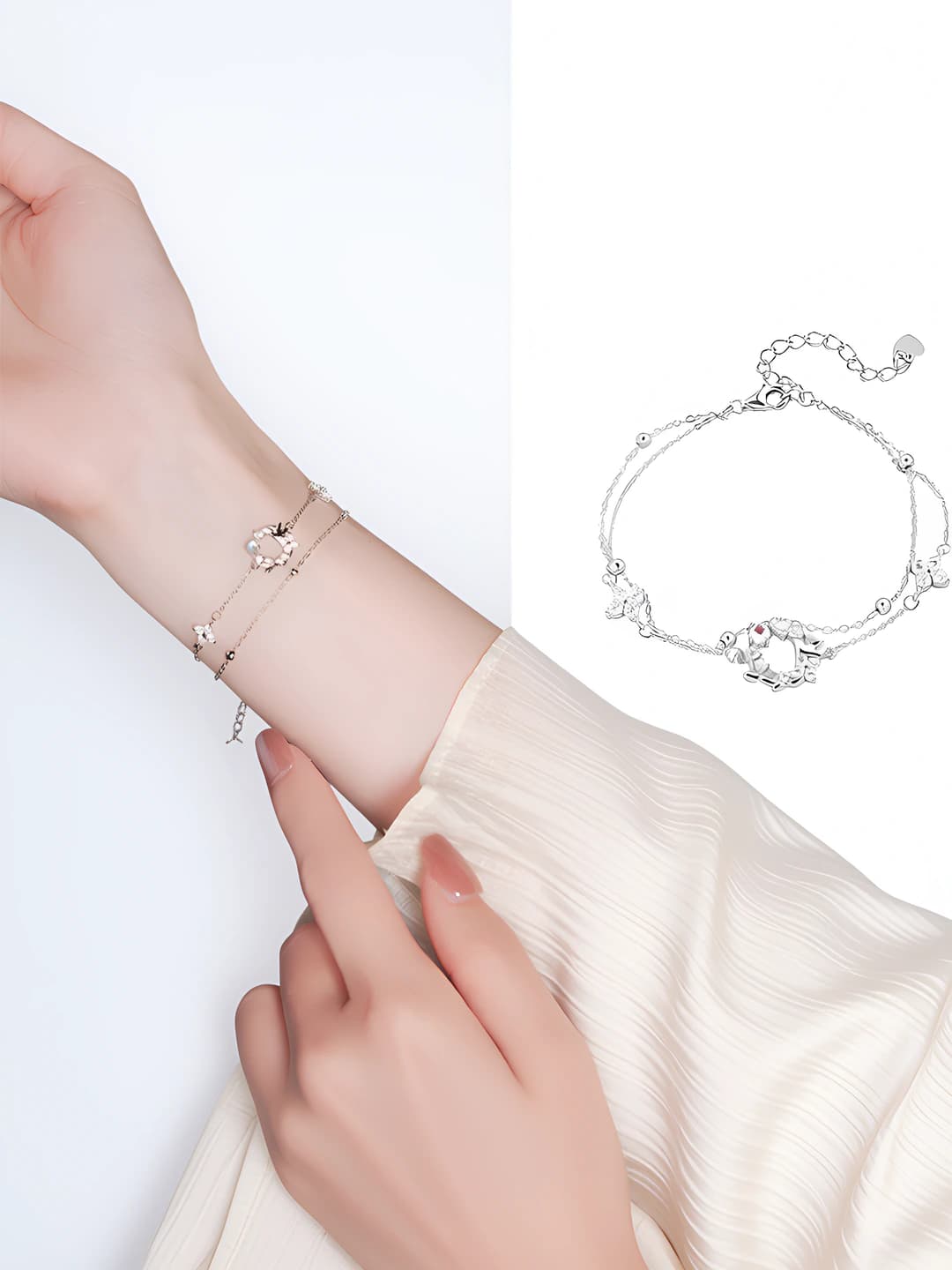 Bird flower double row bracelet