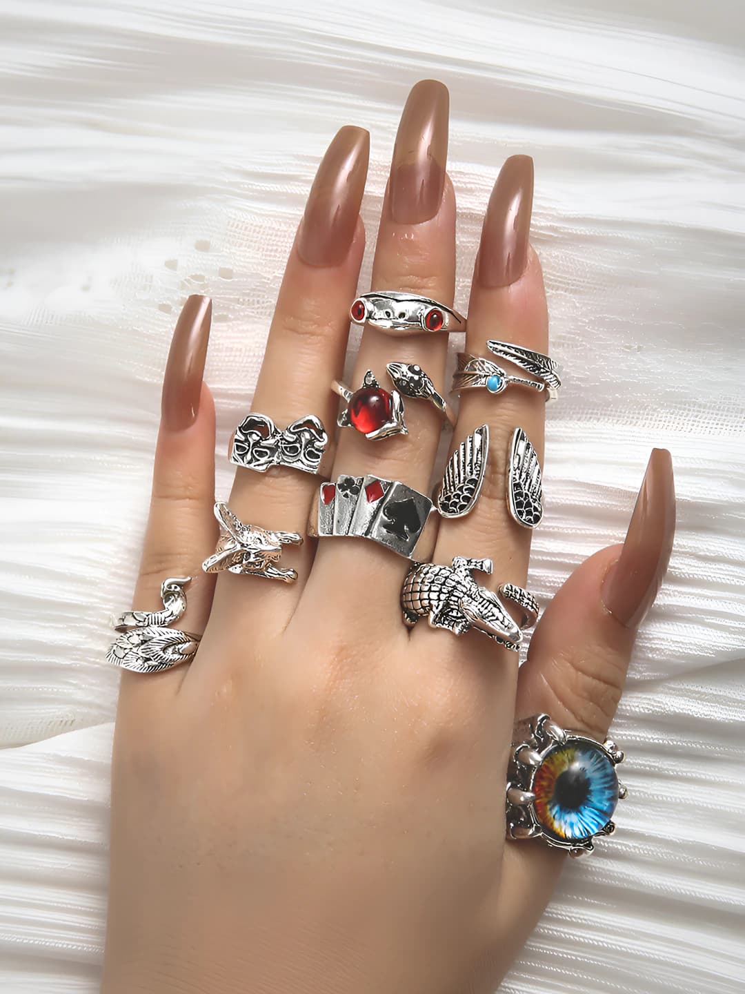 Women's Halloween red ruby playing card rings, animal and scary face design, 10-piece set