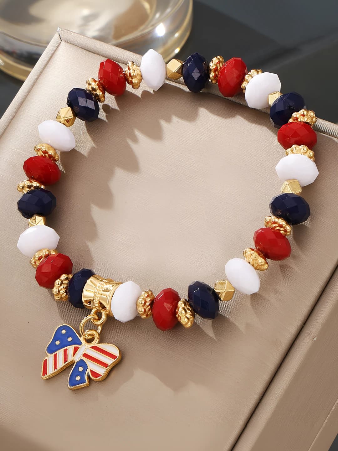 Women's stretch multi-layer beaded bracelet: US flag, heart, five-pointed star and crystal design element