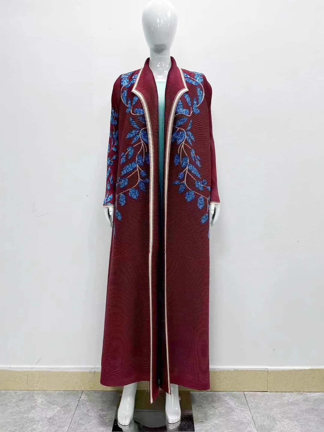 Women's long pleated open coat, printed, plus size, long sleeve, loose fit, lapel collar, 95% polyester