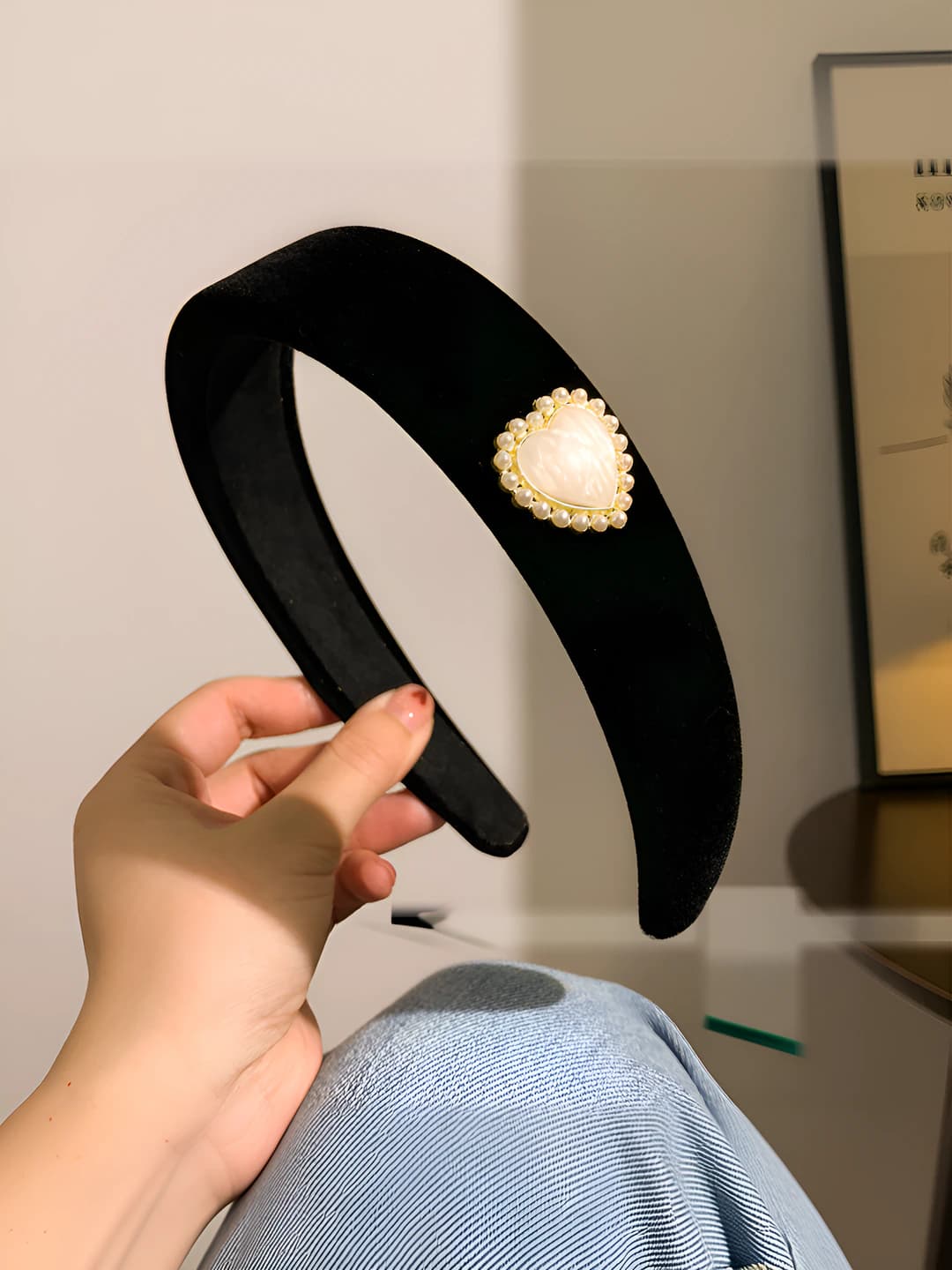 Black velvet pearl heart headband
