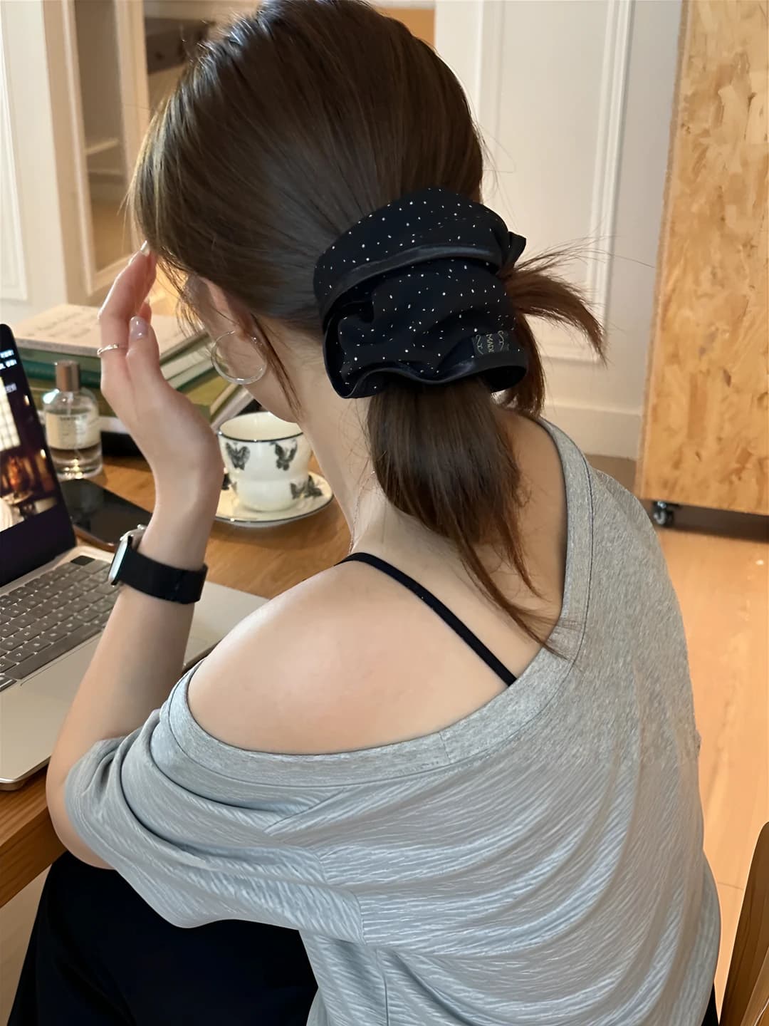 2# Black polka dot hair tie - 15cm