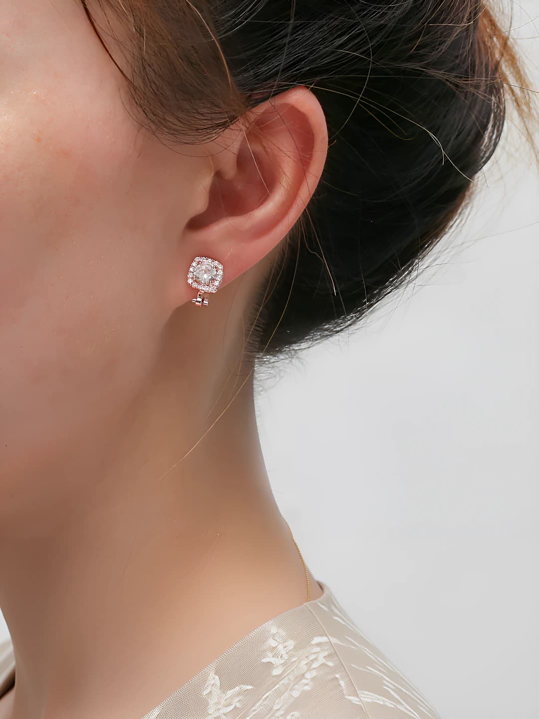 Women's earrings with design element: rhinestones, square shape, gold-plated, no piercing needed