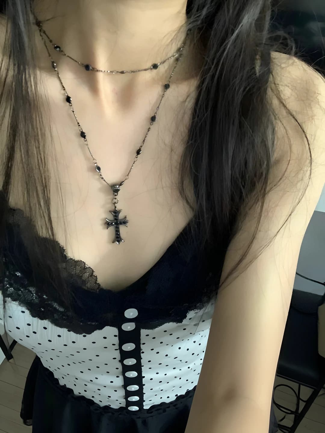 Women's layered cross pendant necklace: Y2K black zircon, gothic, unique style