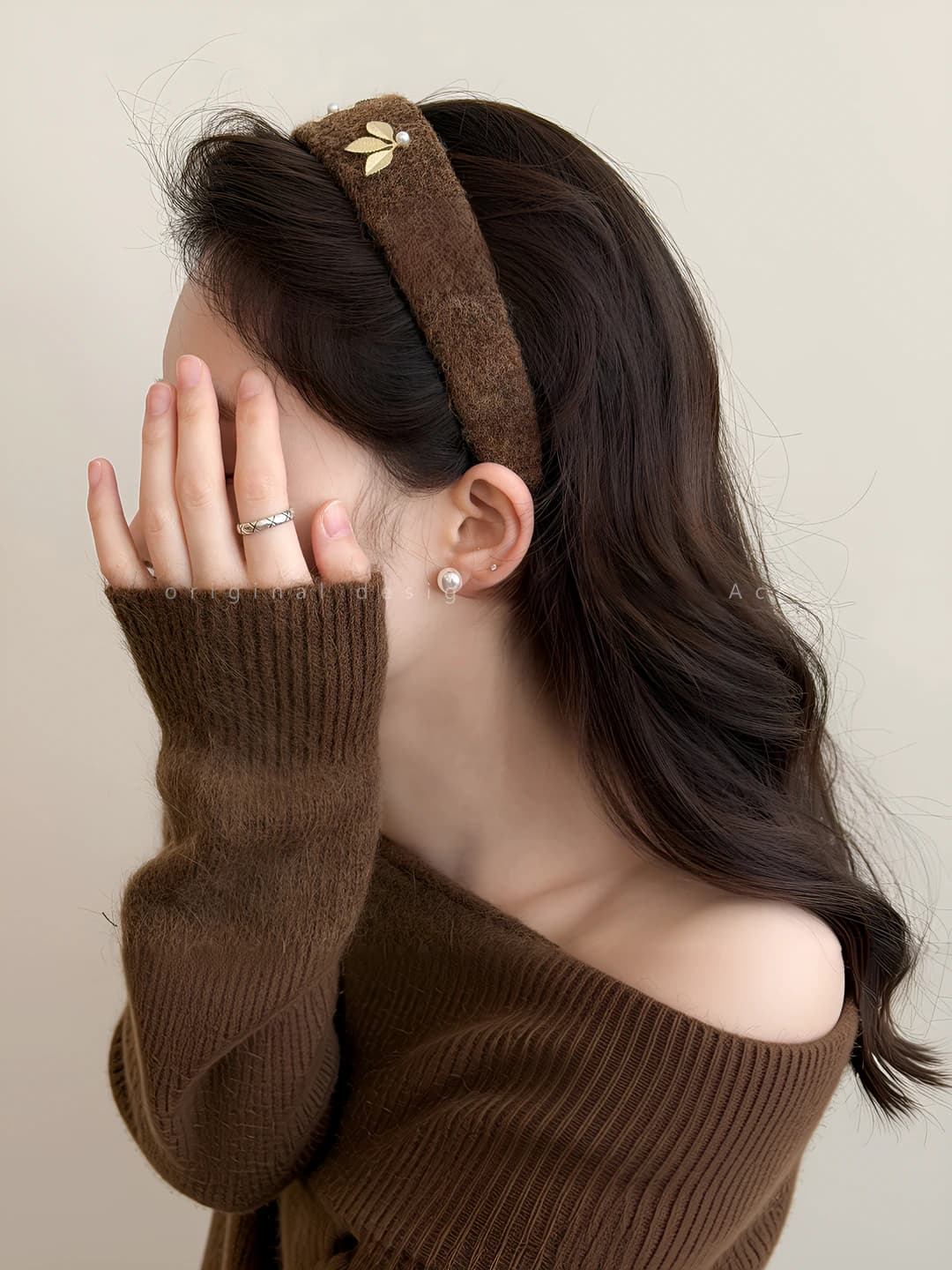 Coffee - Gold branch three flower wool headband