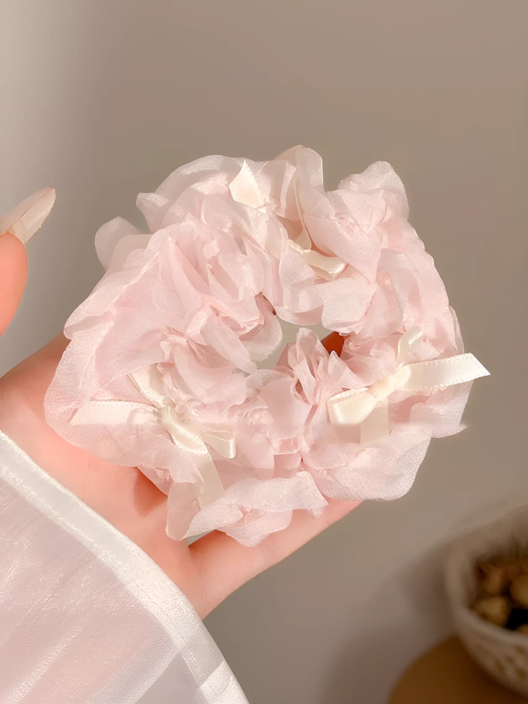 Cream white, bow, pink