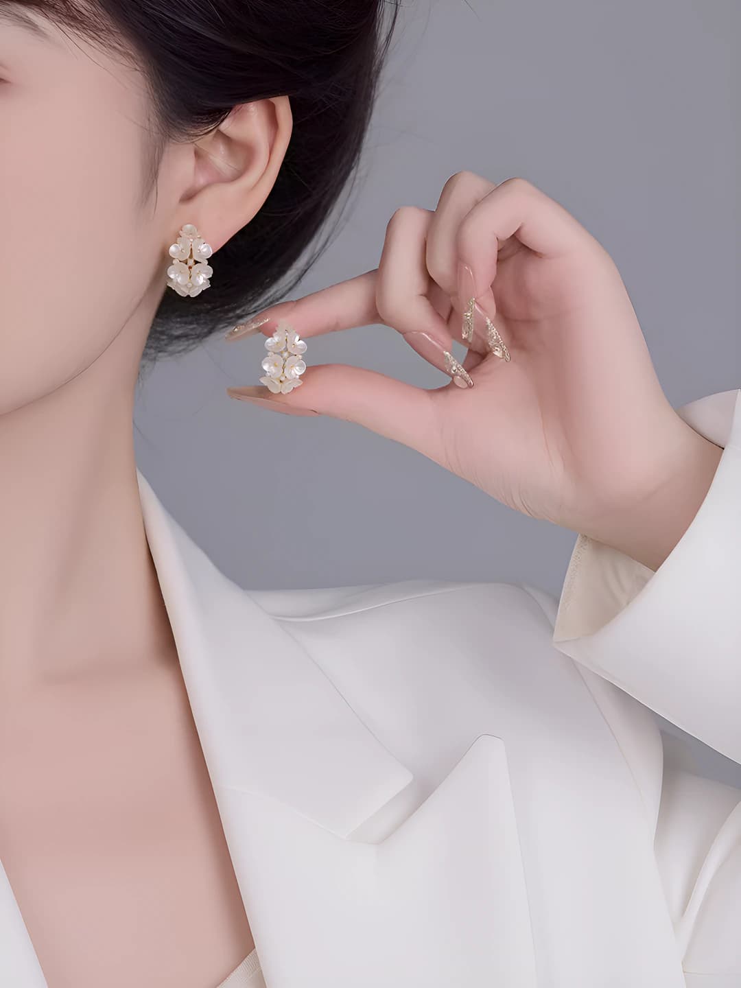 Women's French style elegant shell flower earrings with 925 silver post