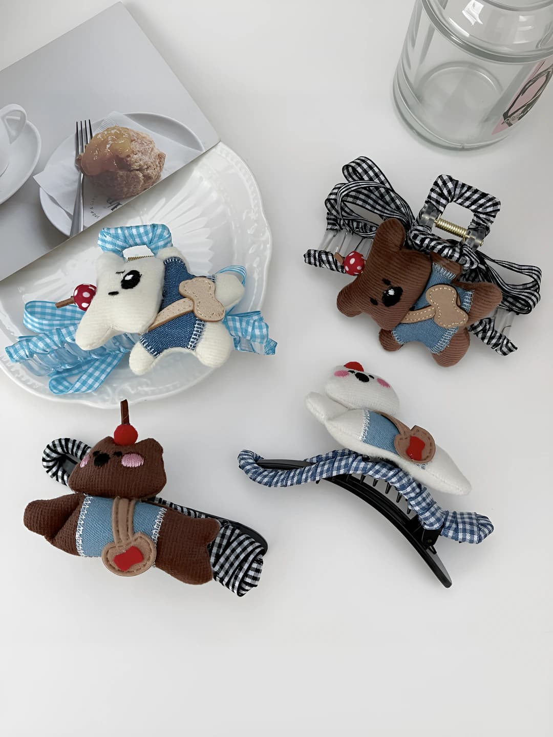 Women's hair clips and combs in cartoon style: acrylic, handmade, with plaid pattern and heart shapes, in a fresh and sweet style
