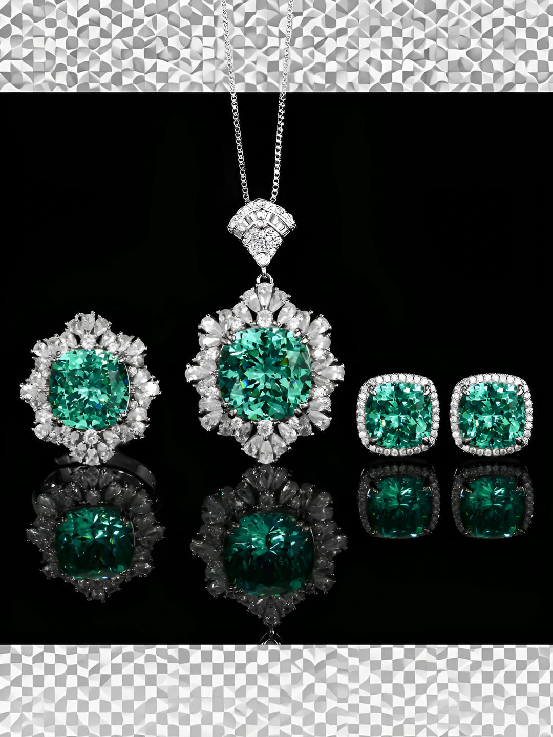 Women's 2026 set with geometric pattern, gold-plated copper, crystal inlay, box chain, size 14*14-12*12