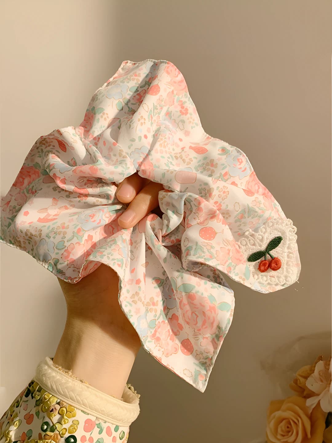 Pink floral cherry scarf 22 cm
